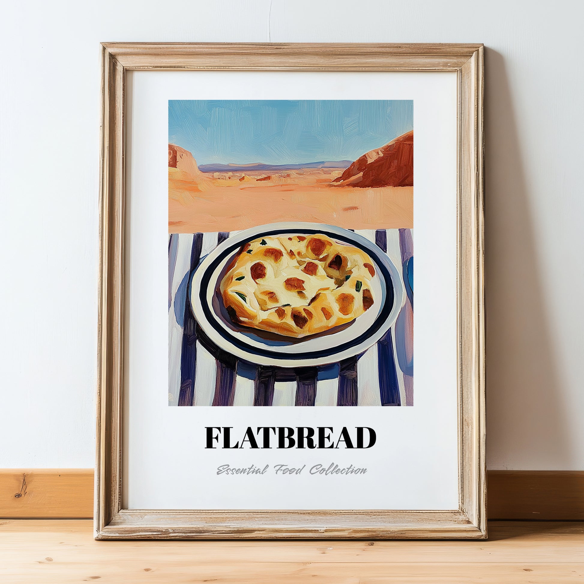 Flatbread – Desert Café Scene, Middle Food Poster, in wooden frame leaning on the floor