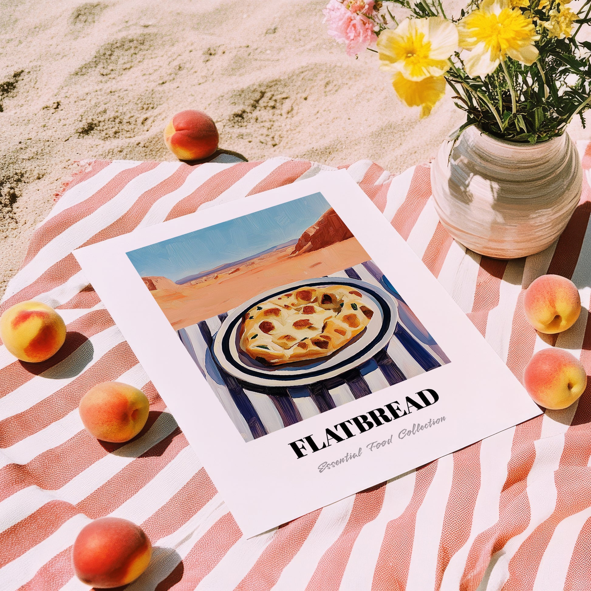 Flatbread – Desert Café Scene, Middle Food Poster, unframed on coastal sand