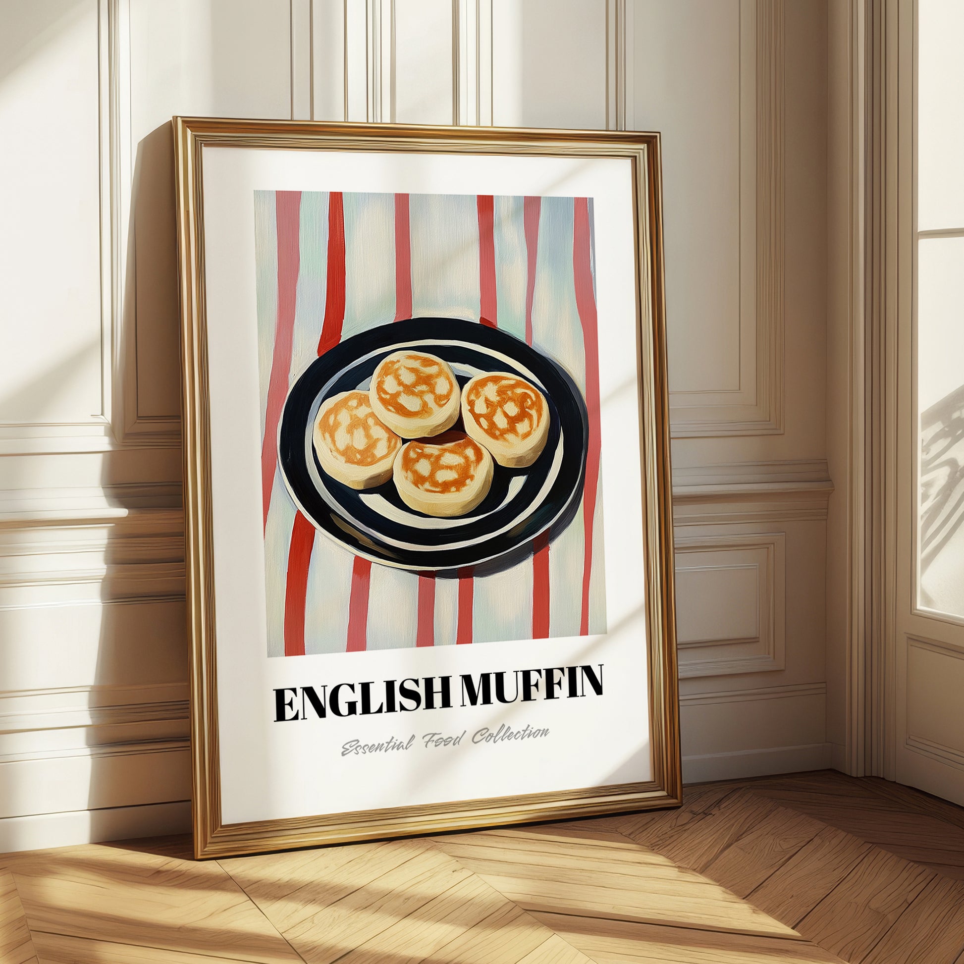 English Muffin – on Striped Tablecloth, British Pastry Still Life 