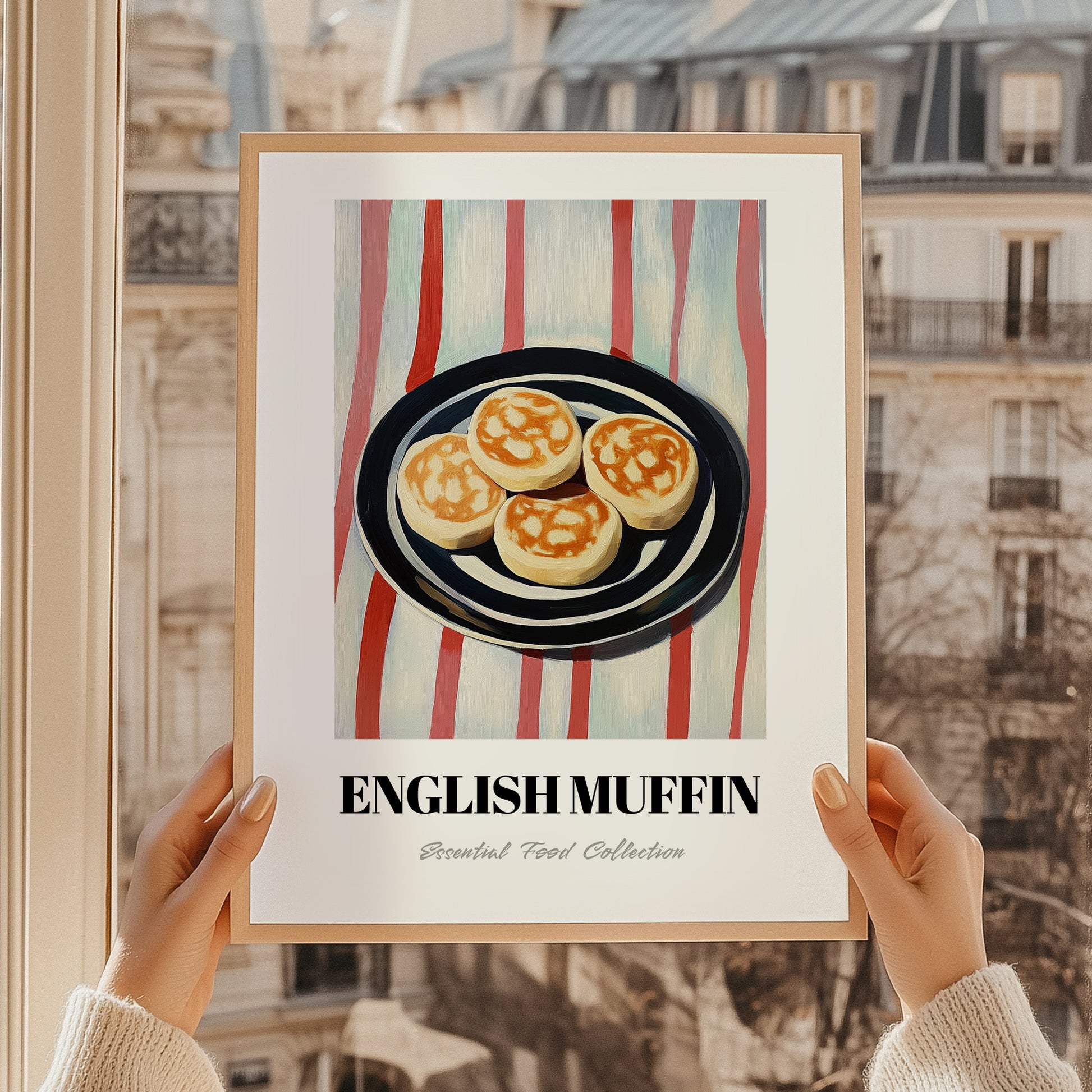 English Muffin – on Striped Tablecloth, British Pastry Still Life, styled in a charming Paris street view