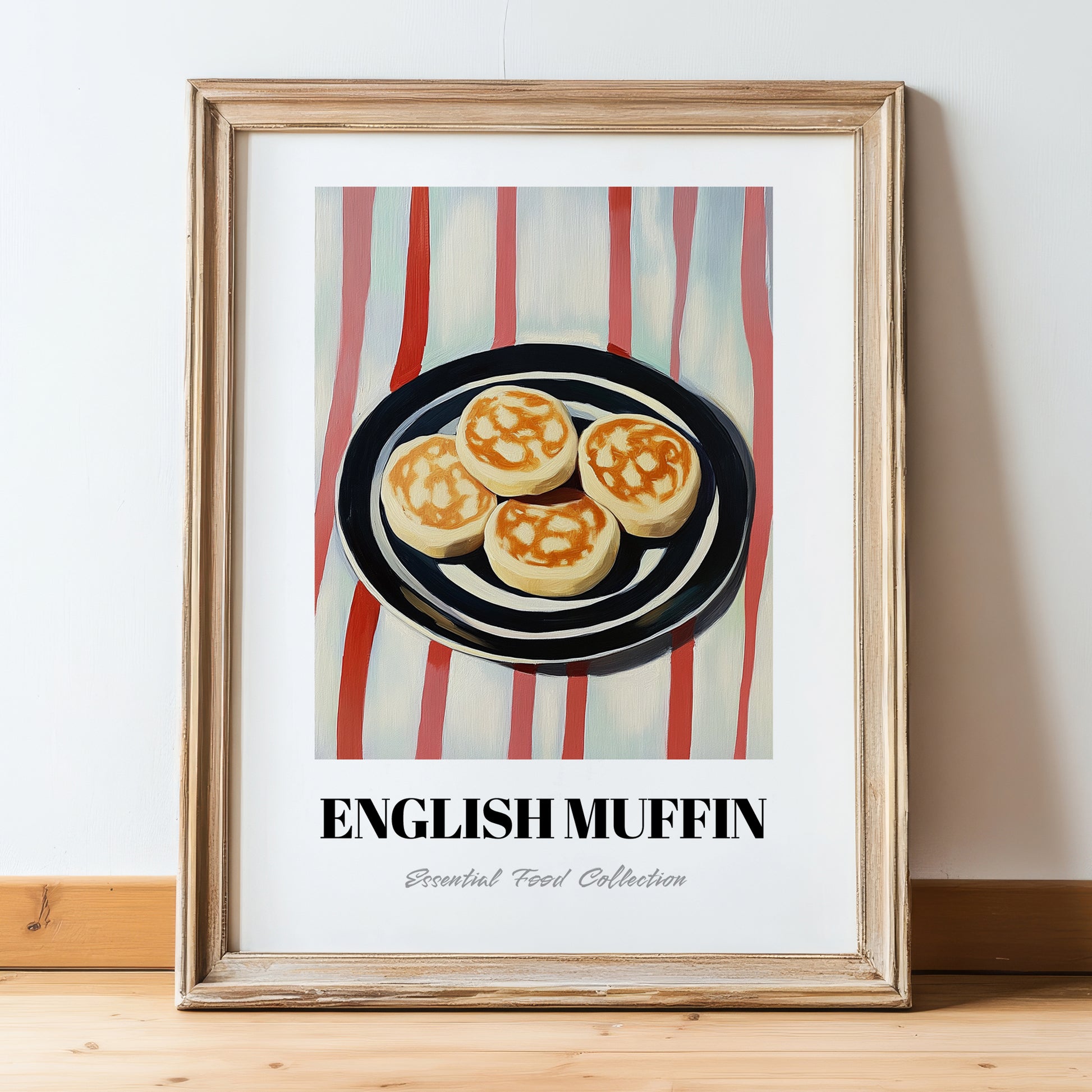 English Muffin – on Striped Tablecloth, British Pastry Still Life, in wooden frame leaning on the floor