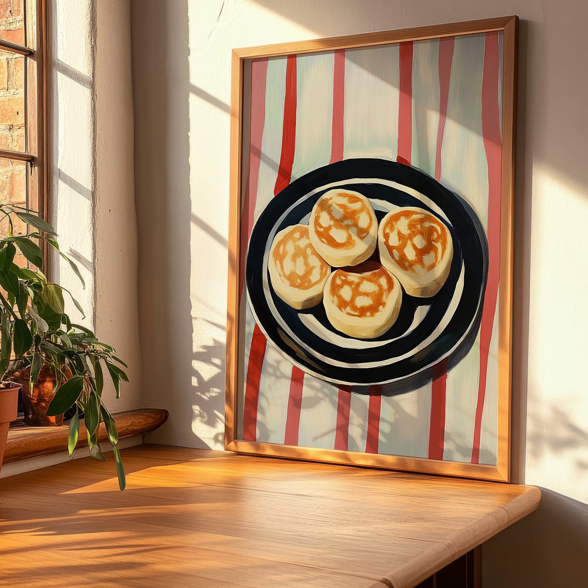 English Muffin – on Striped Tablecloth, British Pastry Still Life, clean layout with no caption