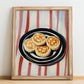 English Muffin – on Striped Tablecloth, British Pastry Still Life, no-text version framed in wood