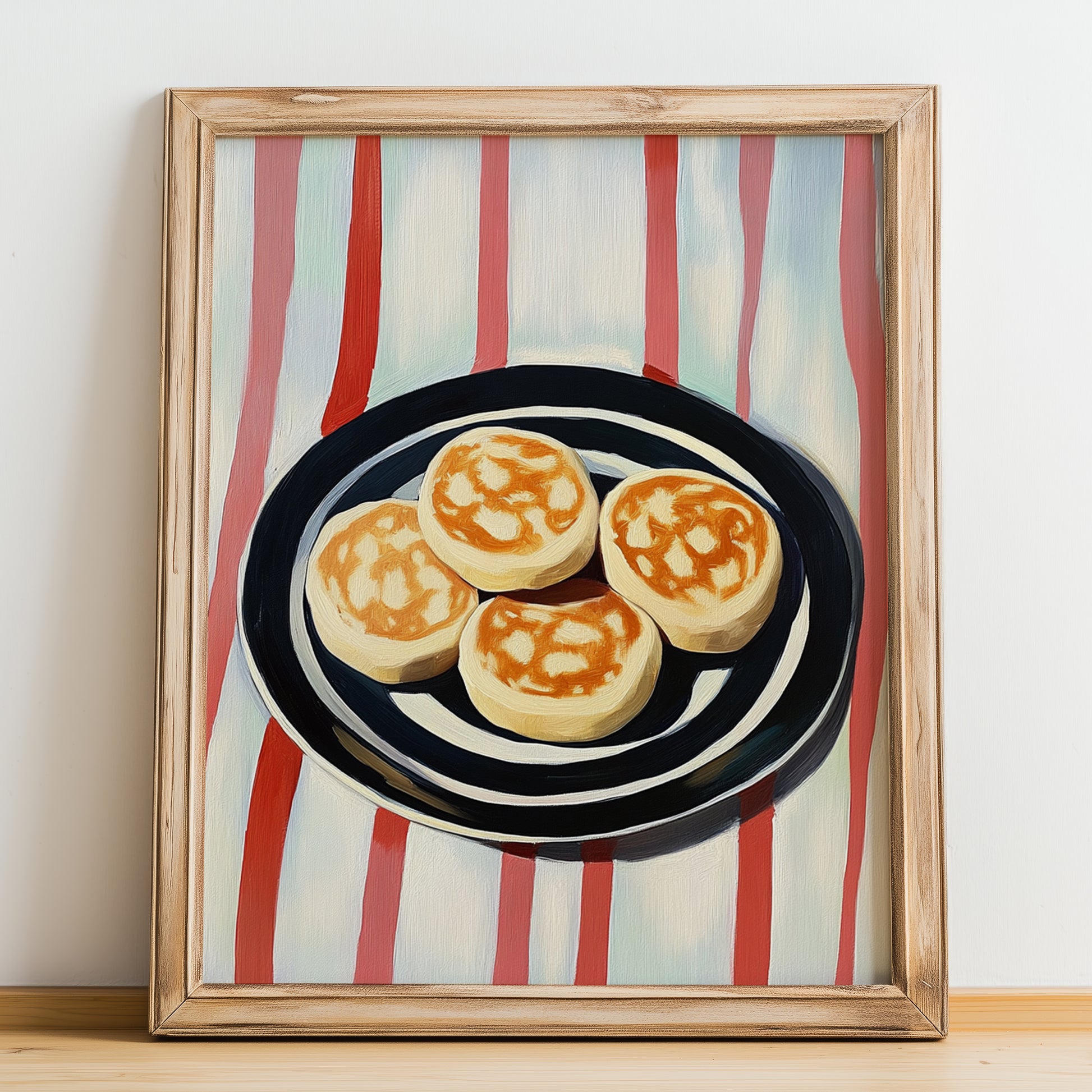 English Muffin – on Striped Tablecloth, British Pastry Still Life, no-text version framed in wood