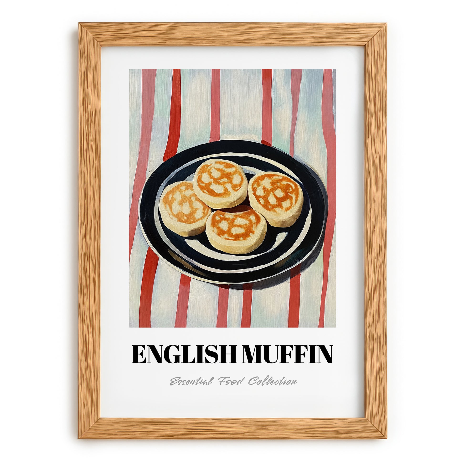 English Muffin – on Striped Tablecloth, British Pastry Still Life, set in oak frame