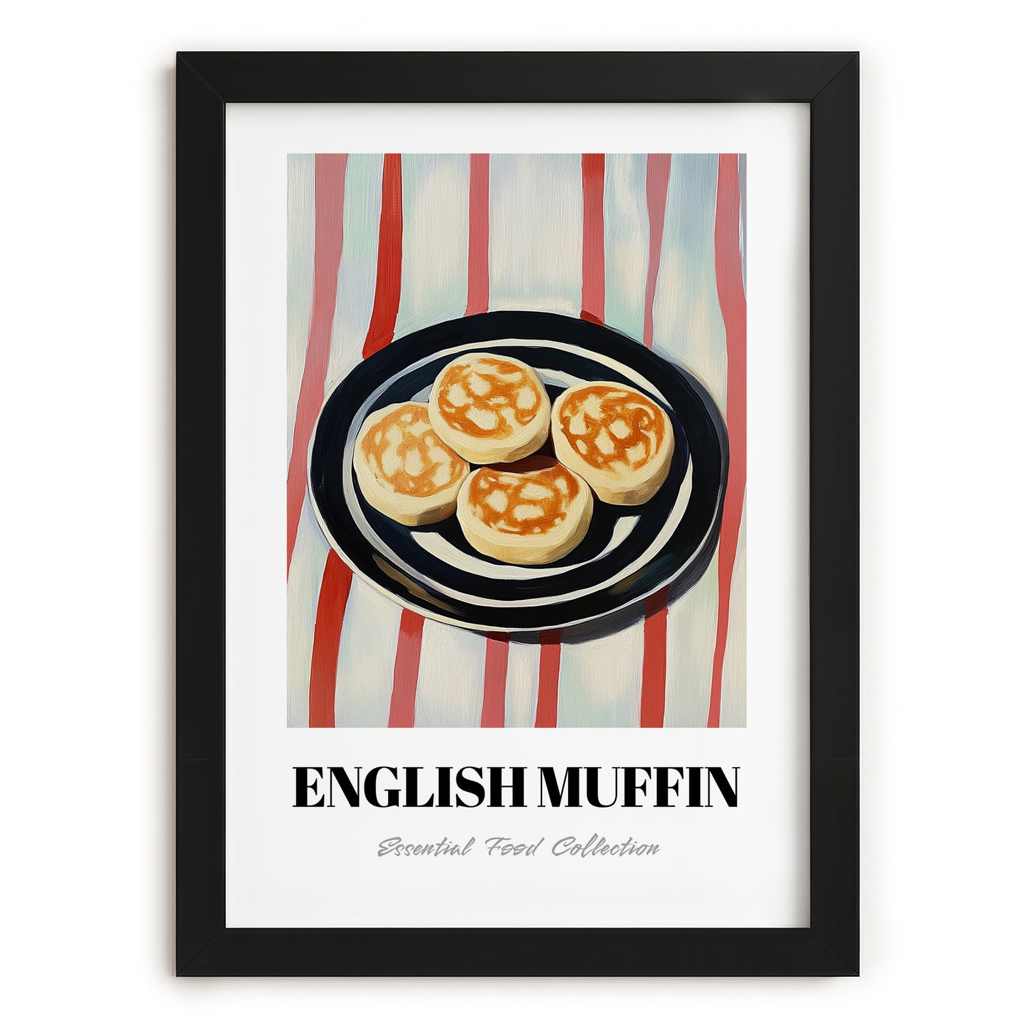 English Muffin – on Striped Tablecloth, British Pastry Still Life, in sleek black frame