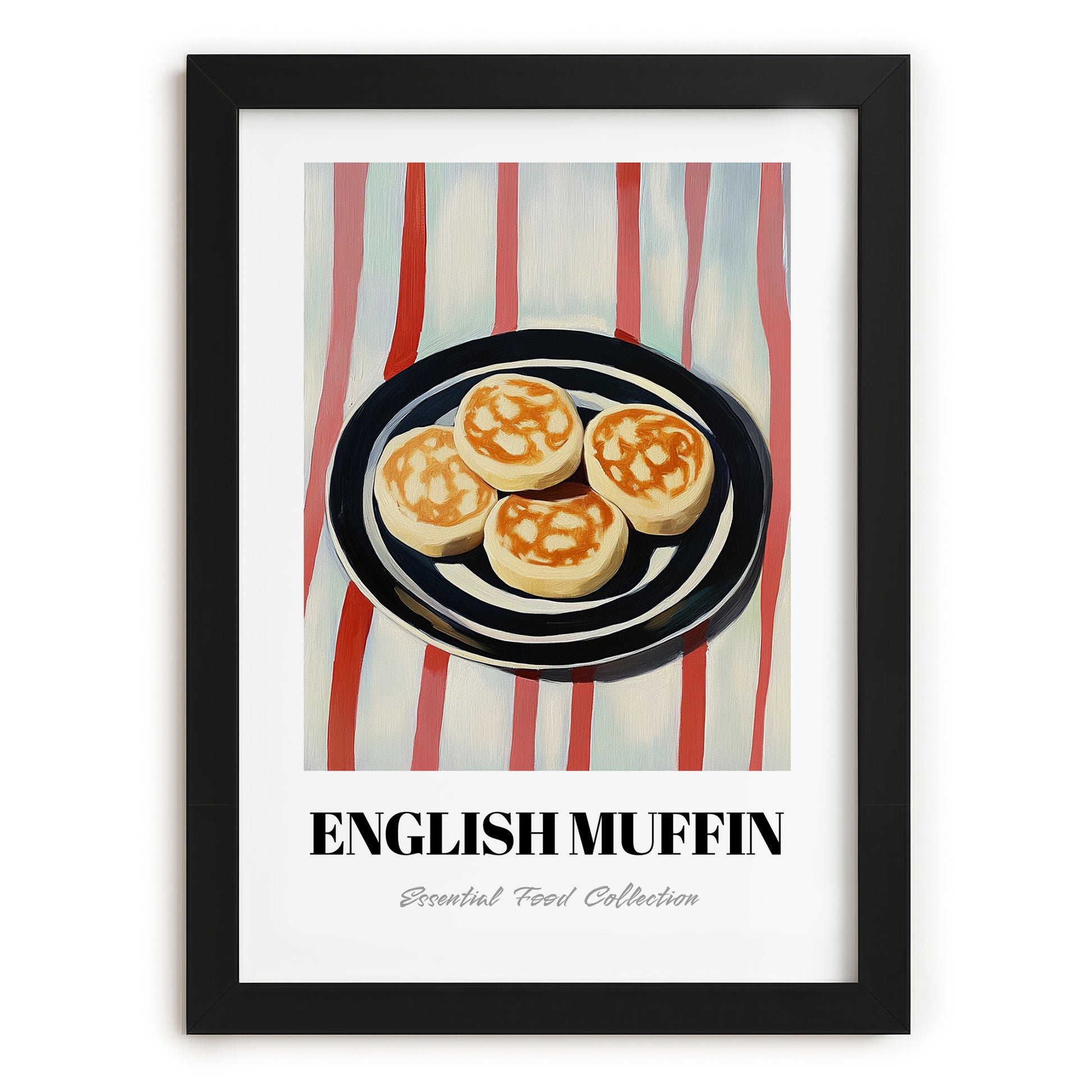 English Muffin – on Striped Tablecloth, British Pastry Still Life, in sleek black frame