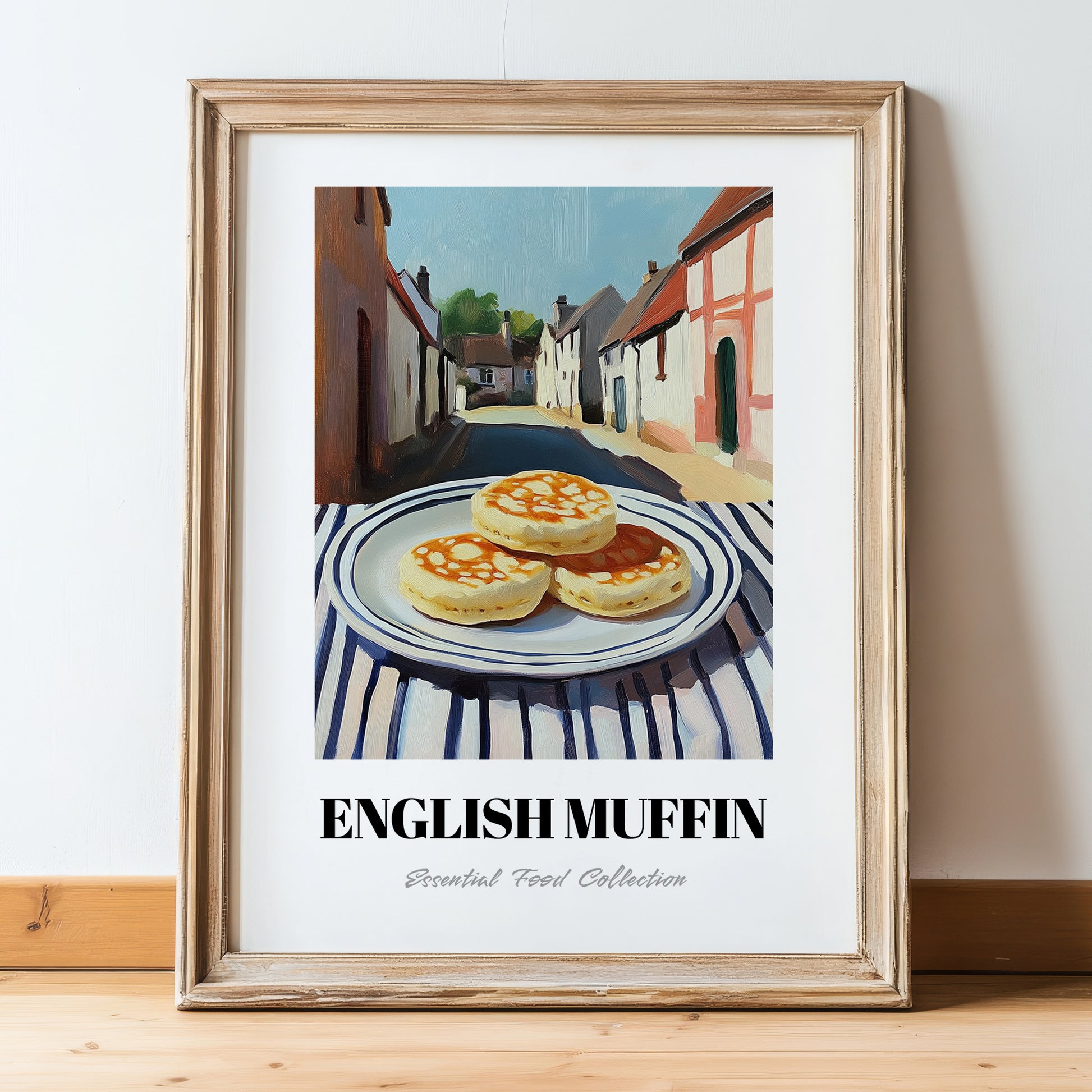 English Muffin – British village Café on the Corner, British Pastry Art, in wooden frame leaning on the floor