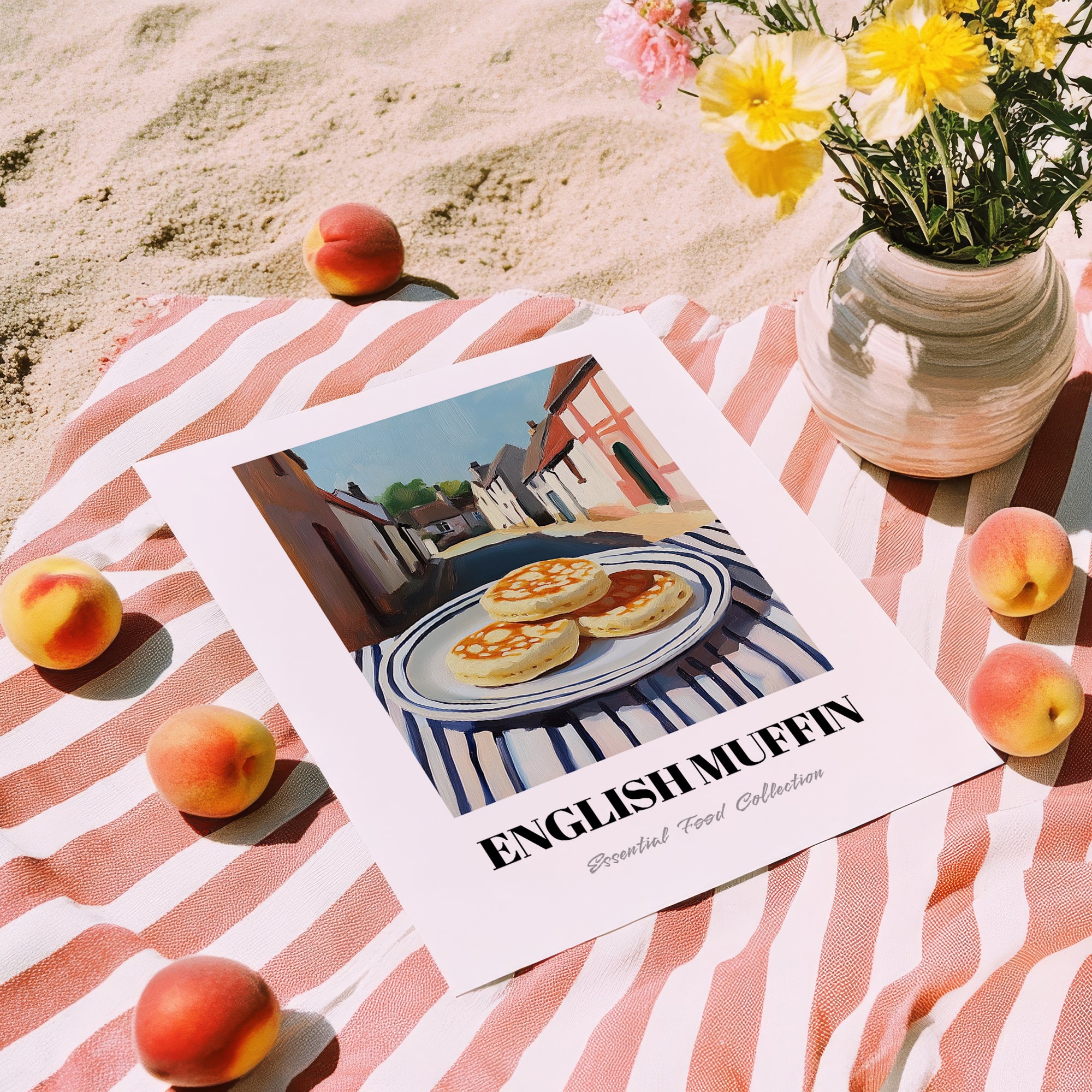 English Muffin – British village Café on the Corner, British Pastry Art, unframed on coastal sand