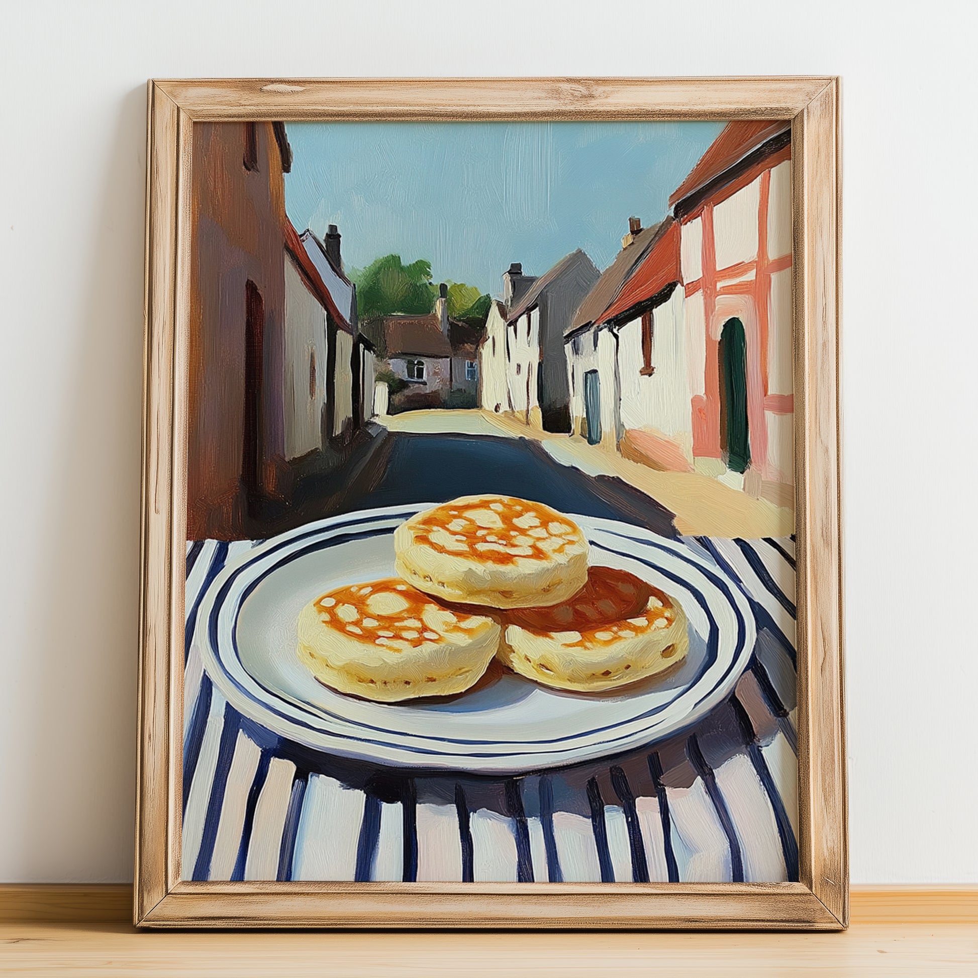 English Muffin – British village Café on the Corner, British Pastry Art, no-text version framed in wood
