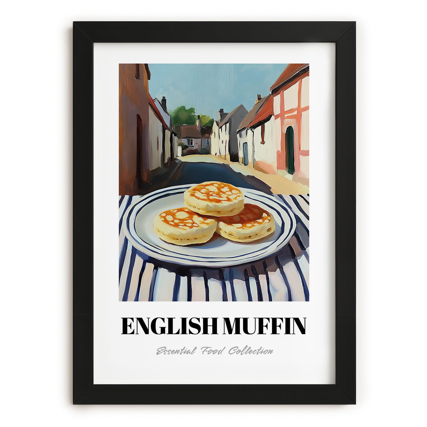 English Muffin – British village Café on the Corner, British Pastry Art, in sleek black frame