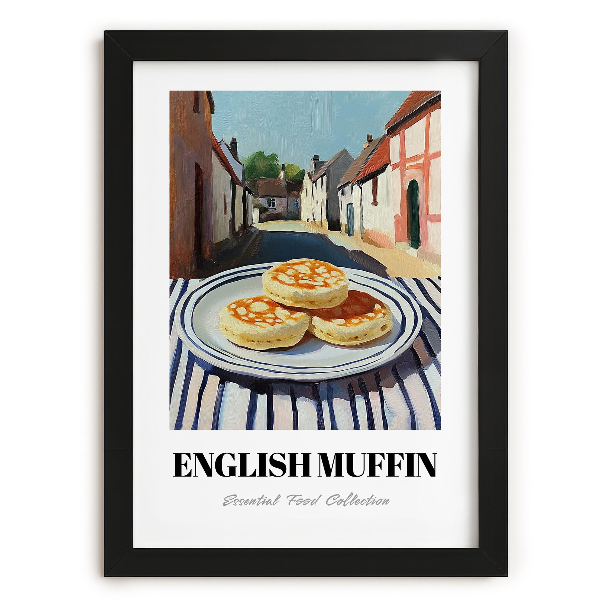 English Muffin – British village Café on the Corner, British Pastry Art, in sleek black frame
