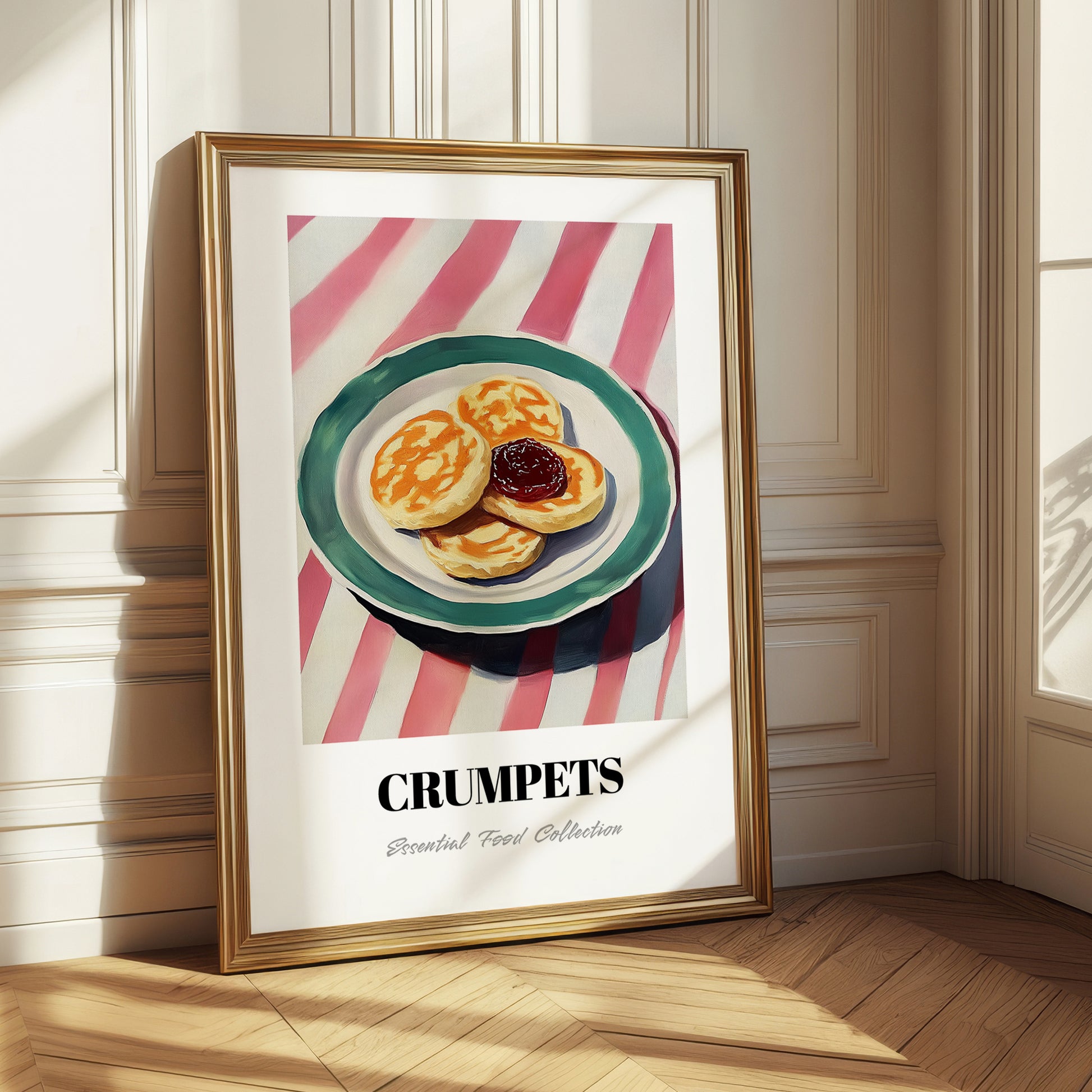 Crumpets – on Striped Tablecloth, British Pastry Wall Decor 