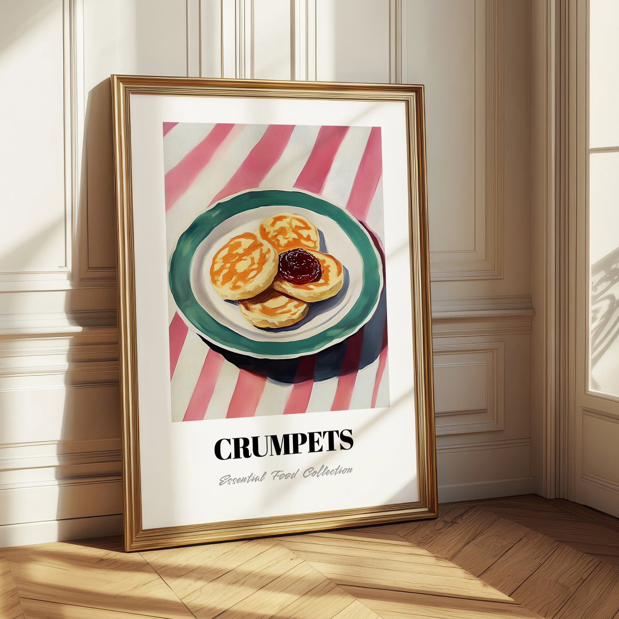 Crumpets – on Striped Tablecloth, British Pastry Wall Decor 