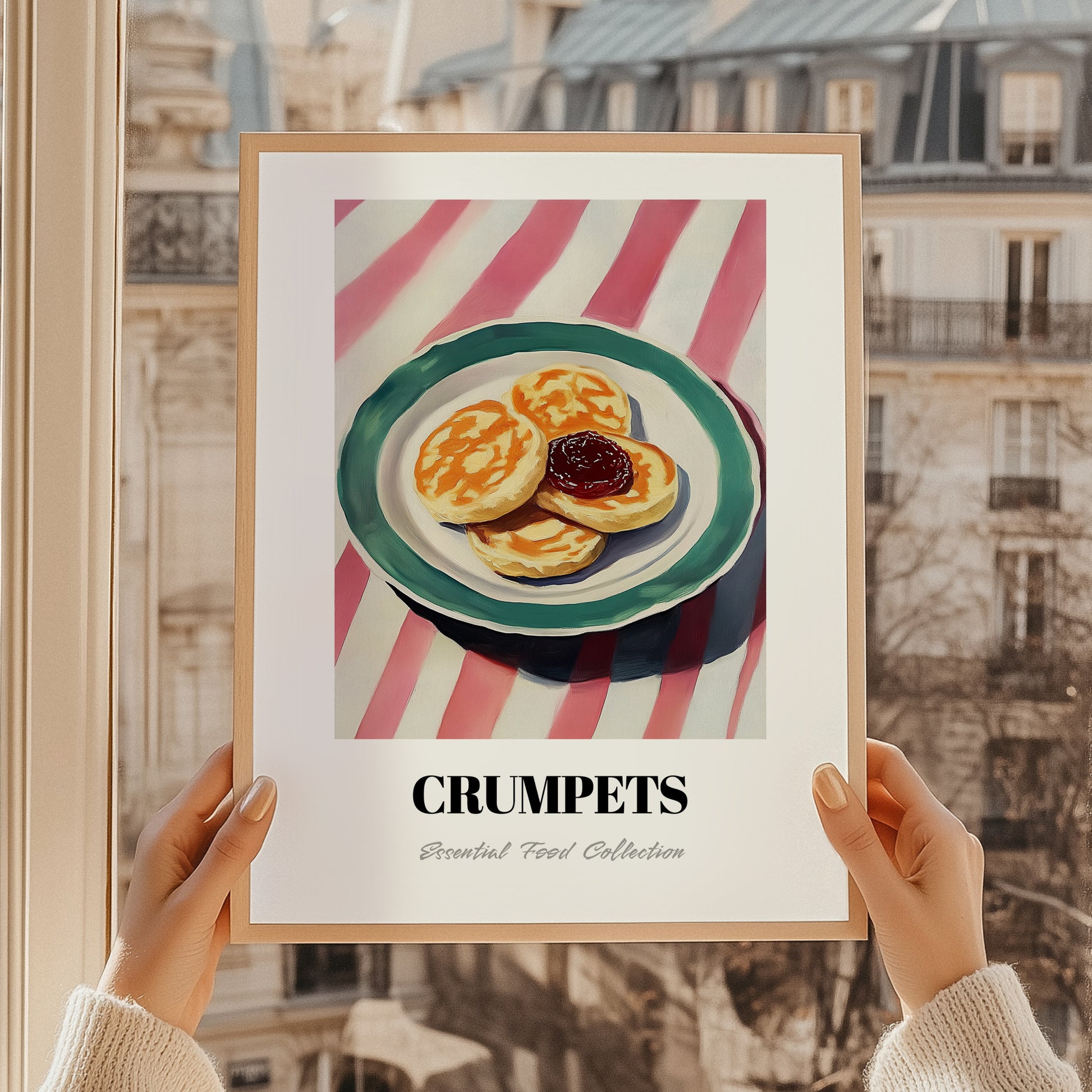 Crumpets – on Striped Tablecloth, British Pastry Wall Decor, styled in a charming Paris street view