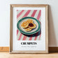 Crumpets – on Striped Tablecloth, British Pastry Wall Decor, in wooden frame leaning on the floor
