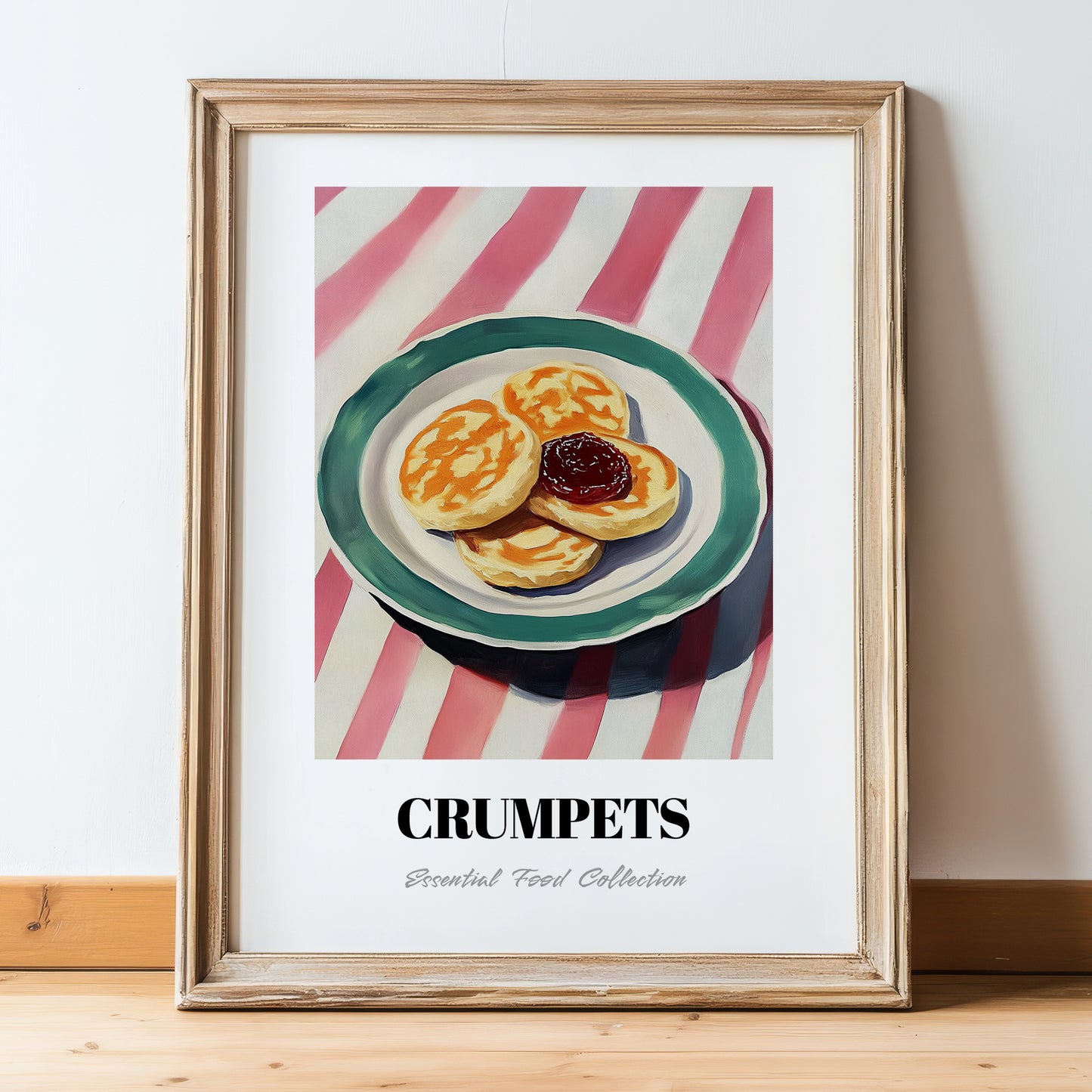 Crumpets – on Striped Tablecloth, British Pastry Wall Decor, in wooden frame leaning on the floor