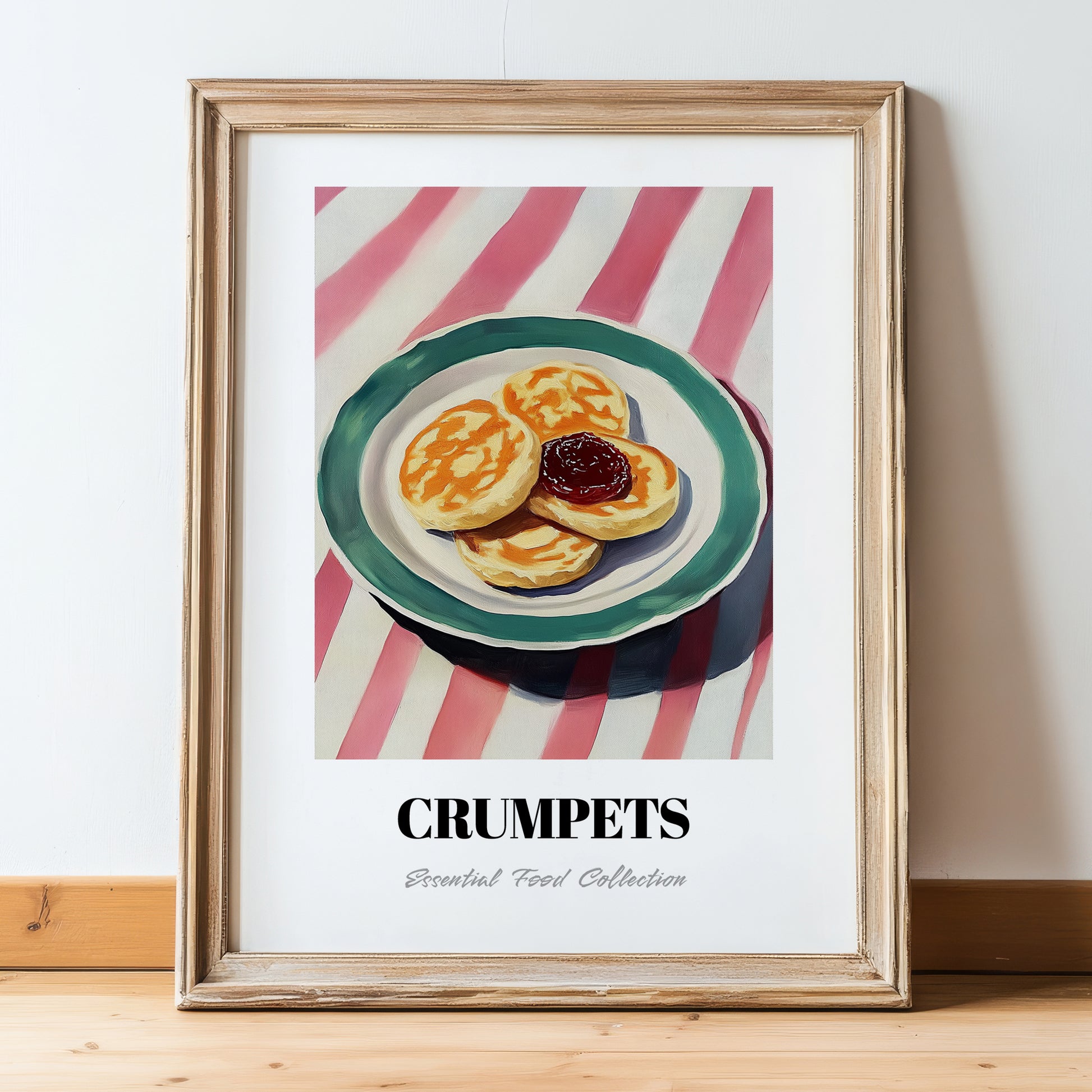 Crumpets – on Striped Tablecloth, British Pastry Wall Decor, in wooden frame leaning on the floor