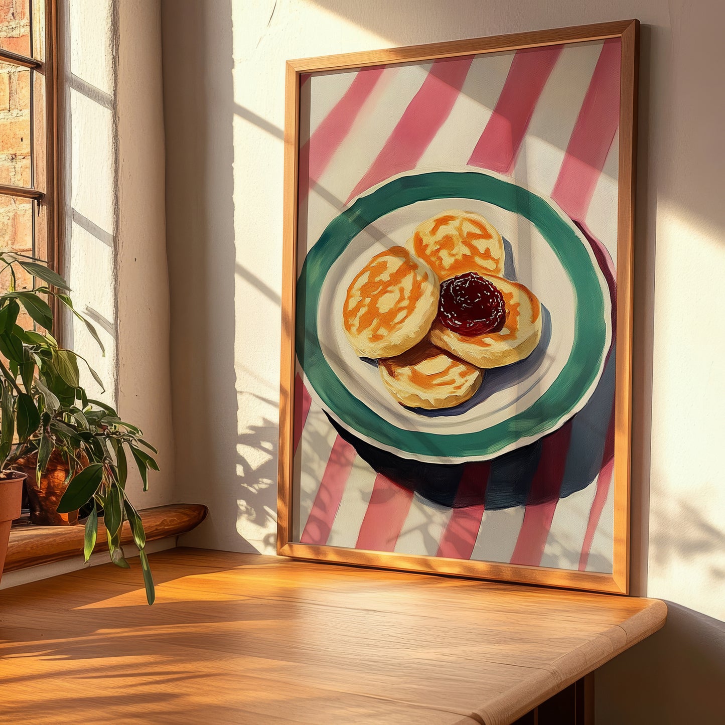 Crumpets – on Striped Tablecloth, British Pastry Wall Decor, clean layout with no caption