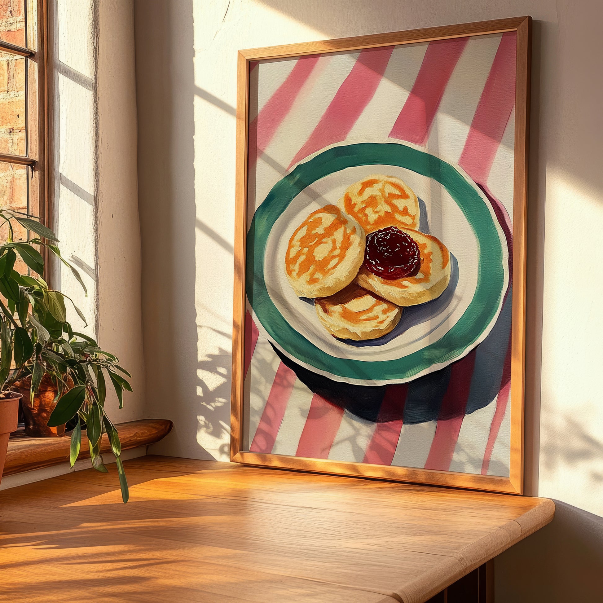 Crumpets – on Striped Tablecloth, British Pastry Wall Decor, clean layout with no caption
