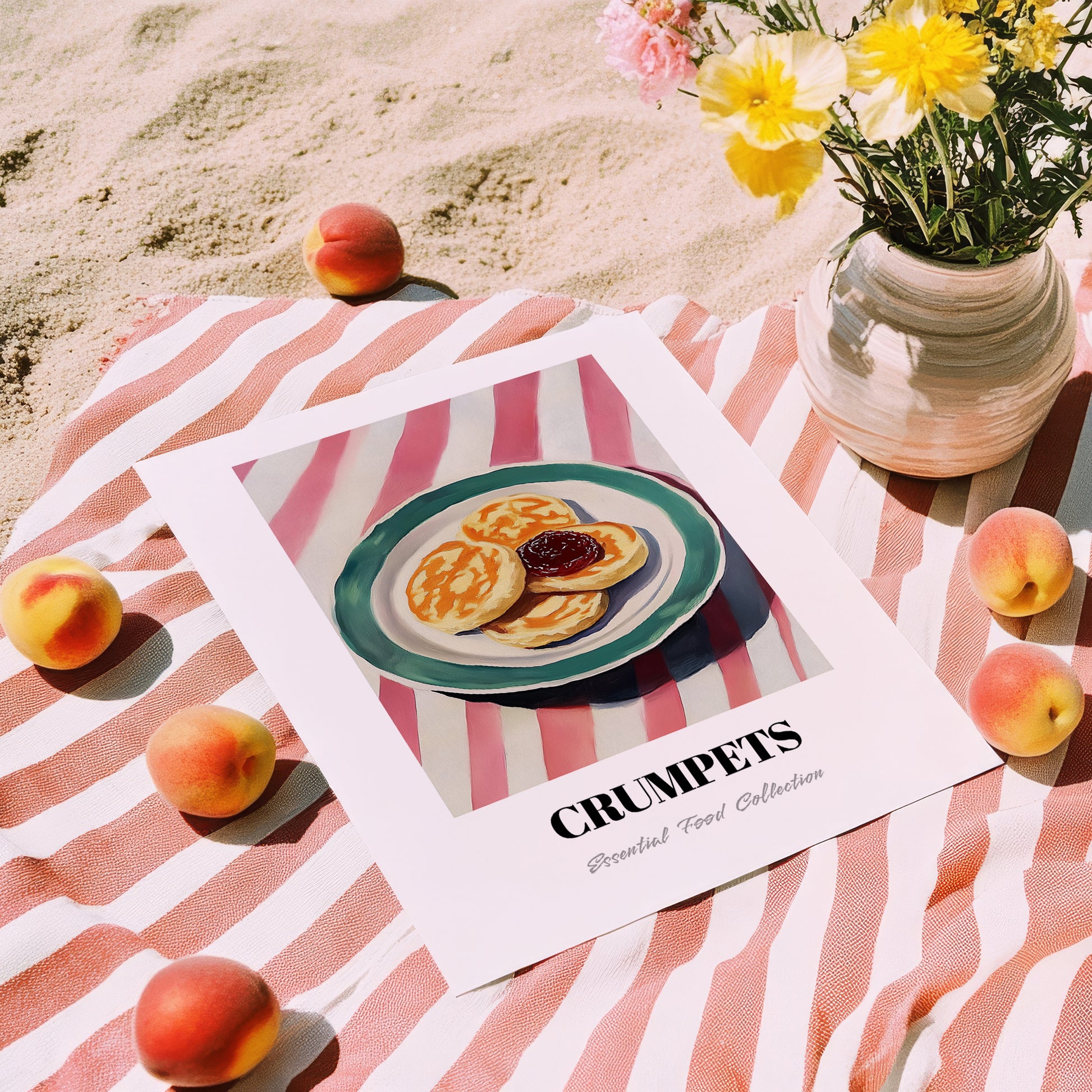 Crumpets – on Striped Tablecloth, British Pastry Wall Decor, unframed on coastal sand