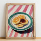 Crumpets – on Striped Tablecloth, British Pastry Wall Decor, no-text version framed in wood