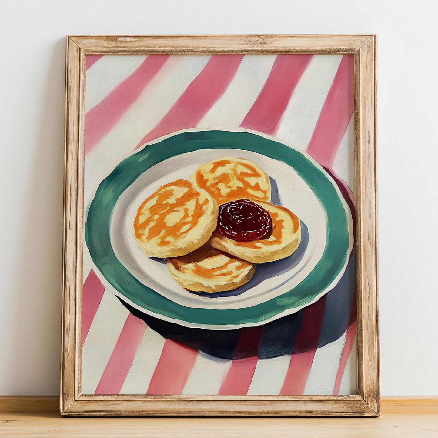 Crumpets – on Striped Tablecloth, British Pastry Wall Decor, no-text version framed in wood