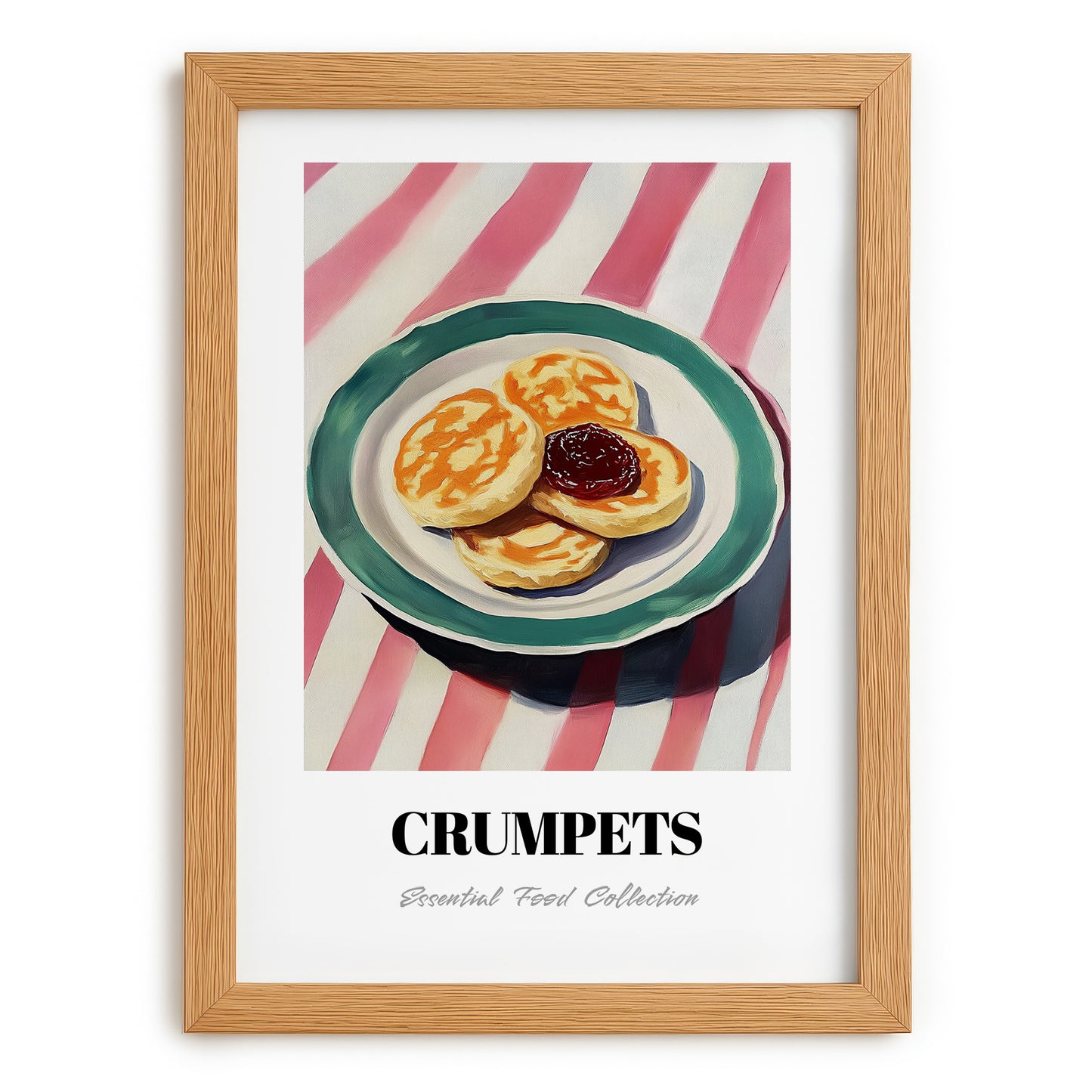 Crumpets – on Striped Tablecloth, British Pastry Wall Decor, set in oak frame