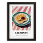 Crumpets – on Striped Tablecloth, British Pastry Wall Decor, in sleek black frame