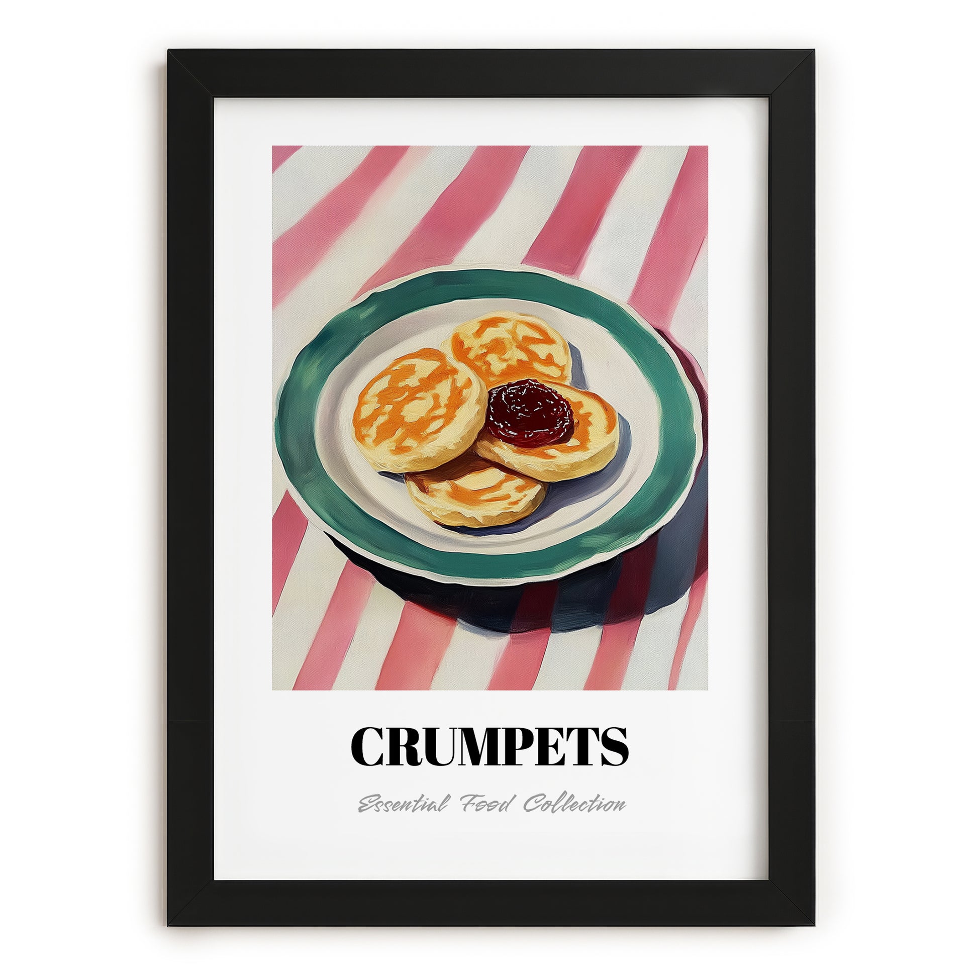 Crumpets – on Striped Tablecloth, British Pastry Wall Decor, in sleek black frame