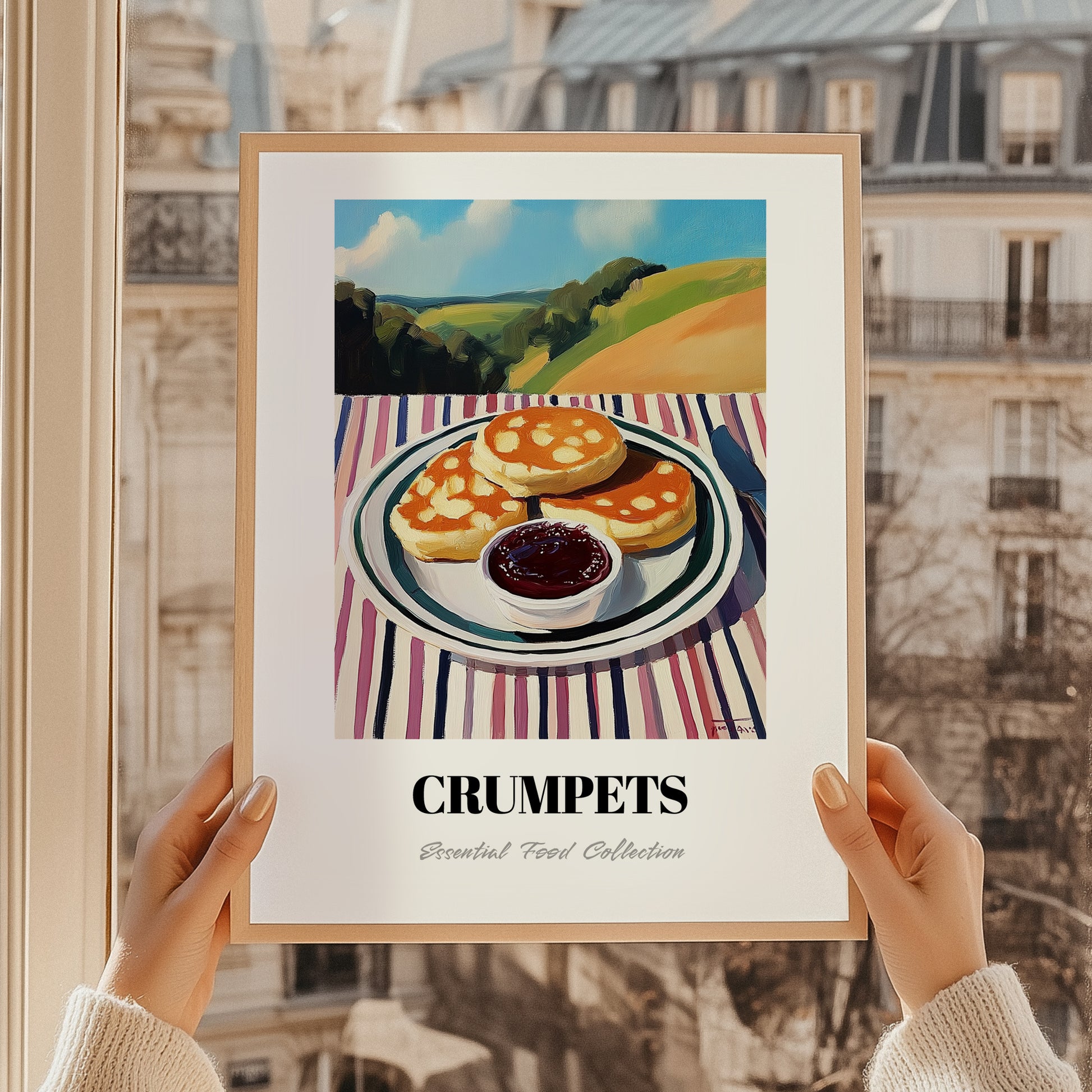 Crumpets – Hilltop Table Scene, British Pastry Still Life, styled in a charming Paris street view
