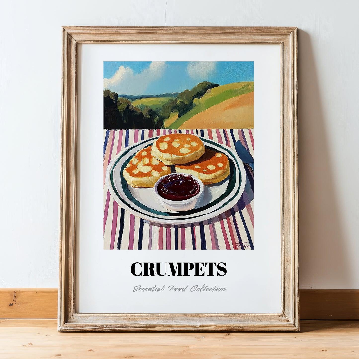 Crumpets – Hilltop Table Scene, British Pastry Still Life, in wooden frame leaning on the floor