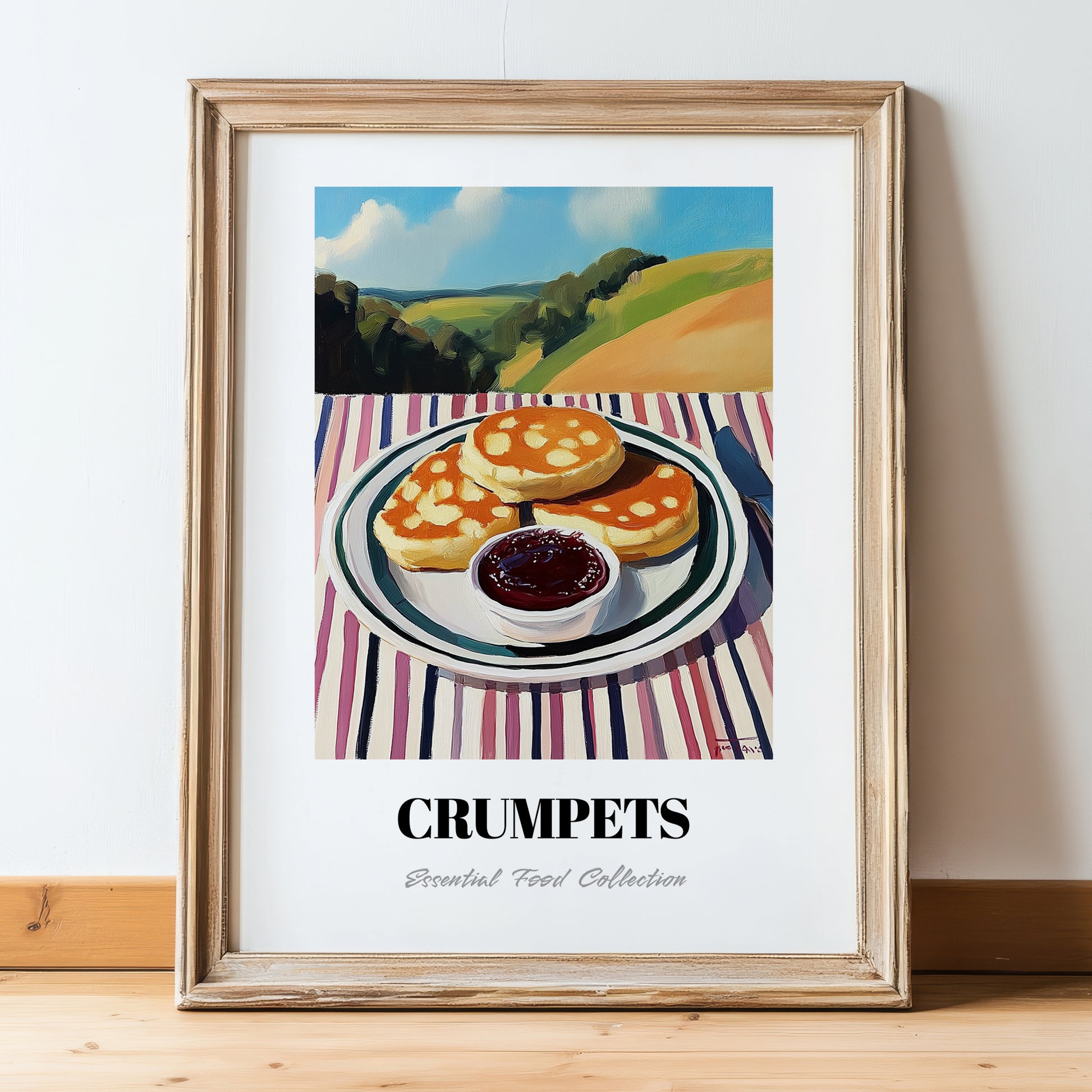 Crumpets – Hilltop Table Scene, British Pastry Still Life, in wooden frame leaning on the floor