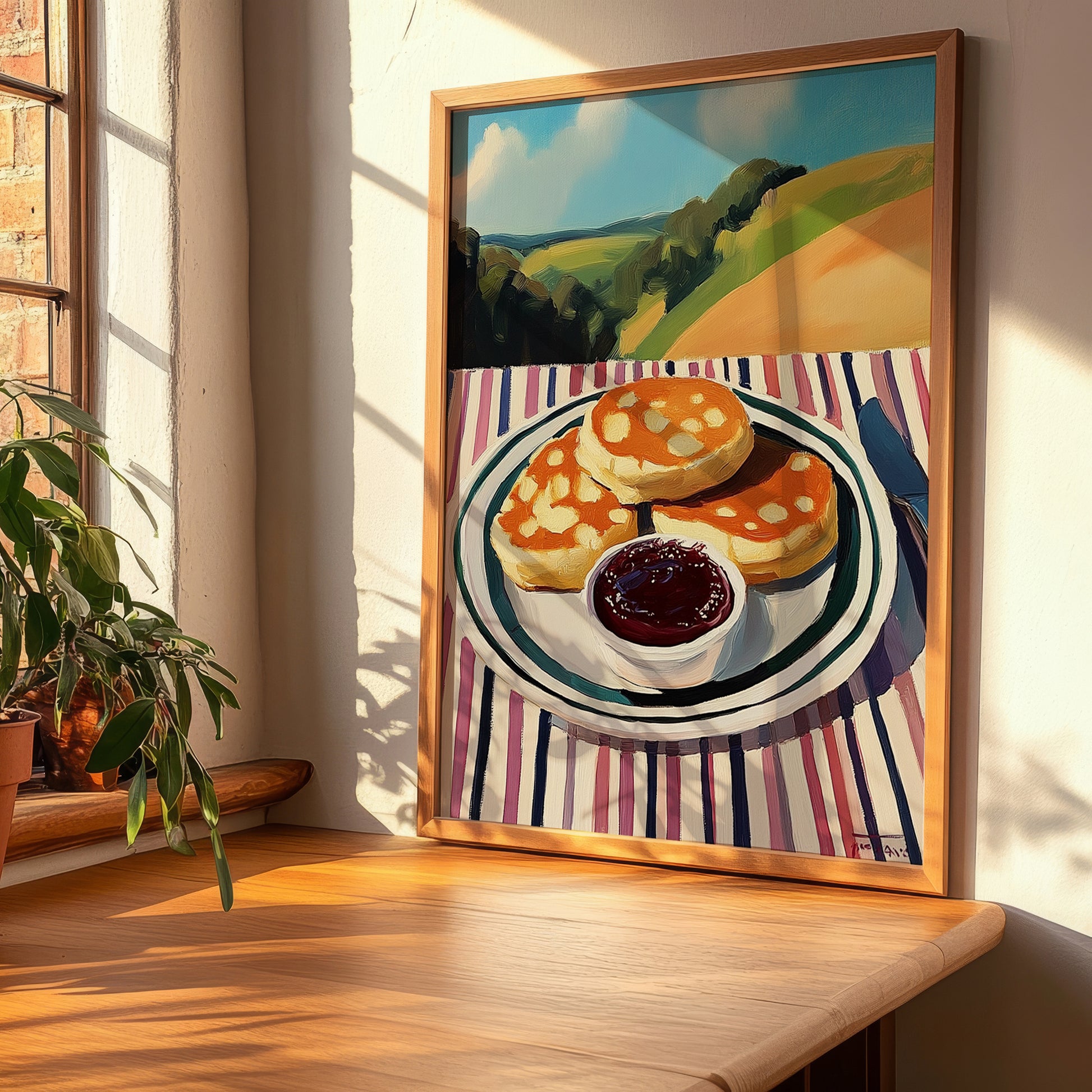 Crumpets – Hilltop Table Scene, British Pastry Still Life, clean layout with no caption