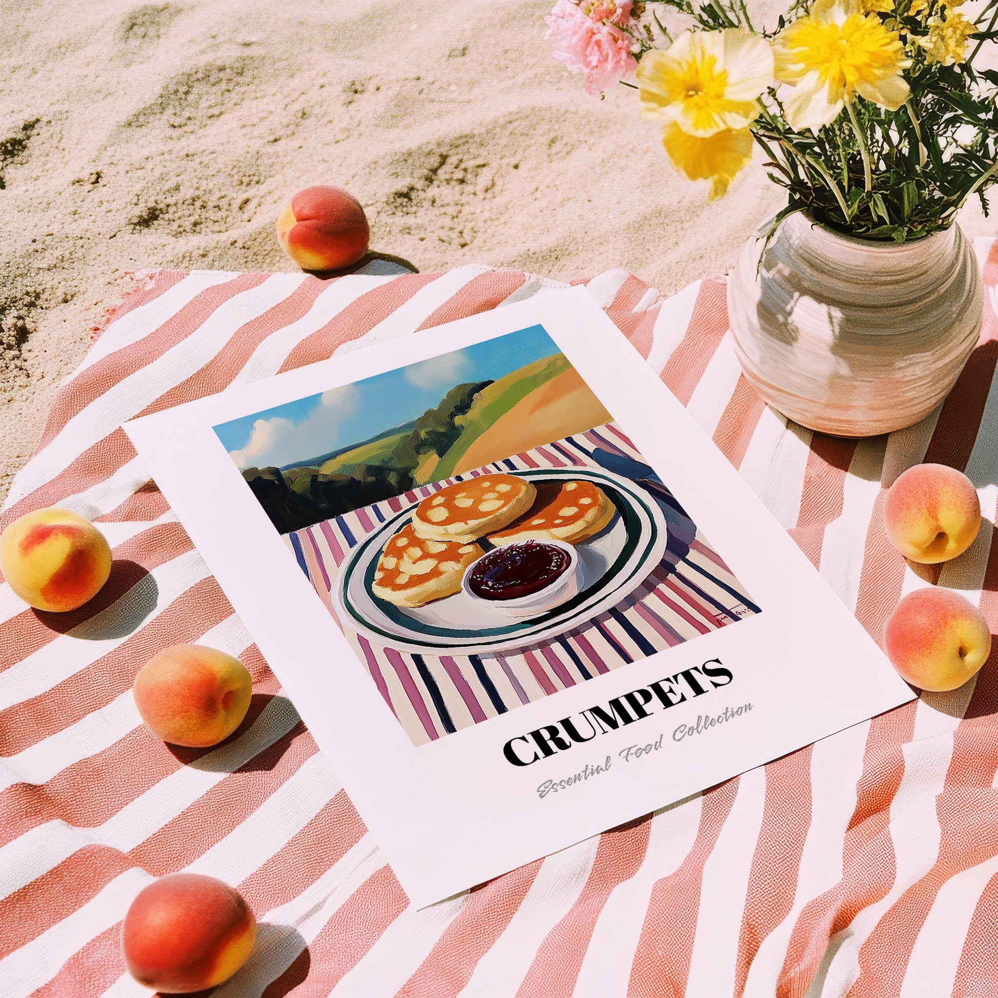 Crumpets – Hilltop Table Scene, British Pastry Still Life, unframed on coastal sand