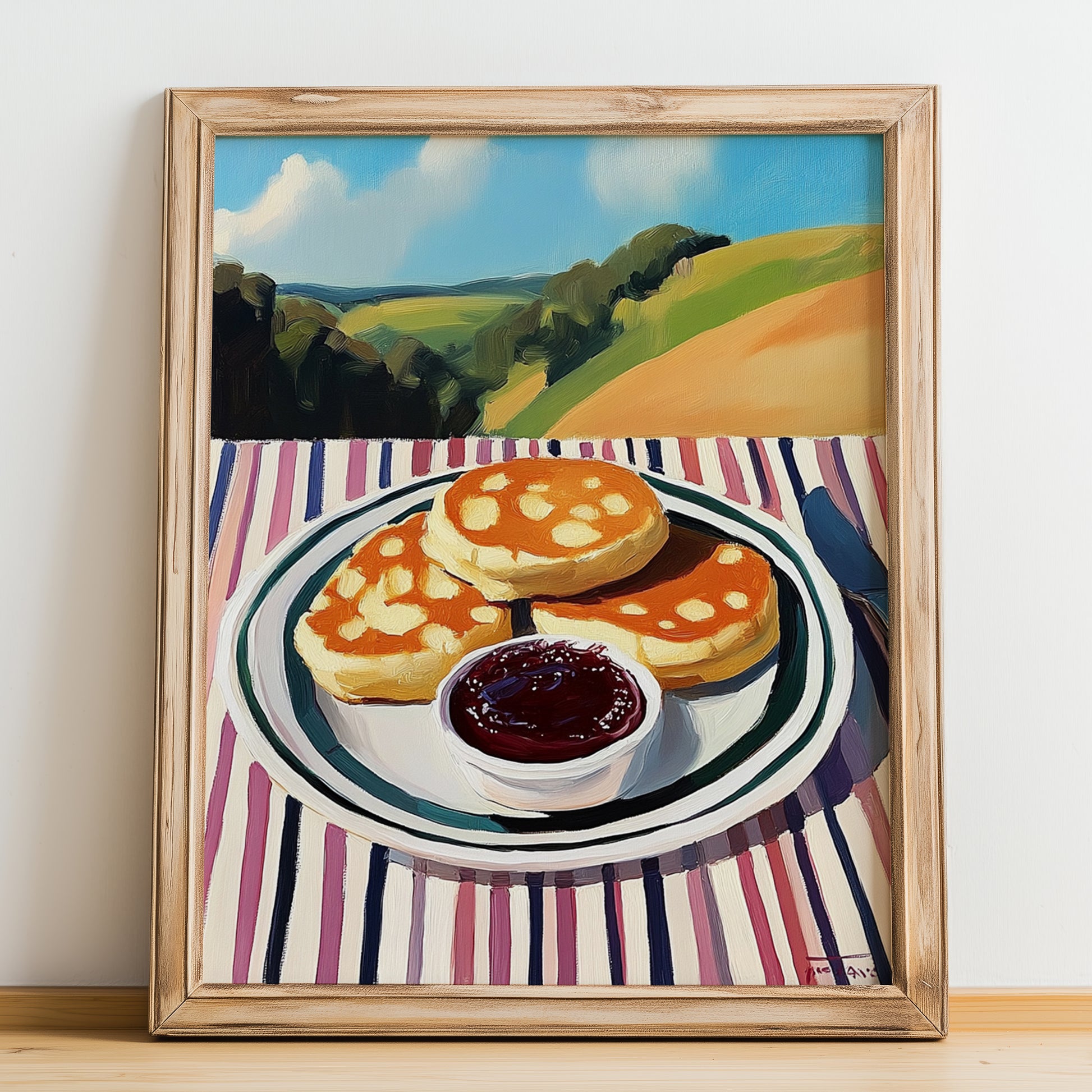 Crumpets – Hilltop Table Scene, British Pastry Still Life, no-text version framed in wood