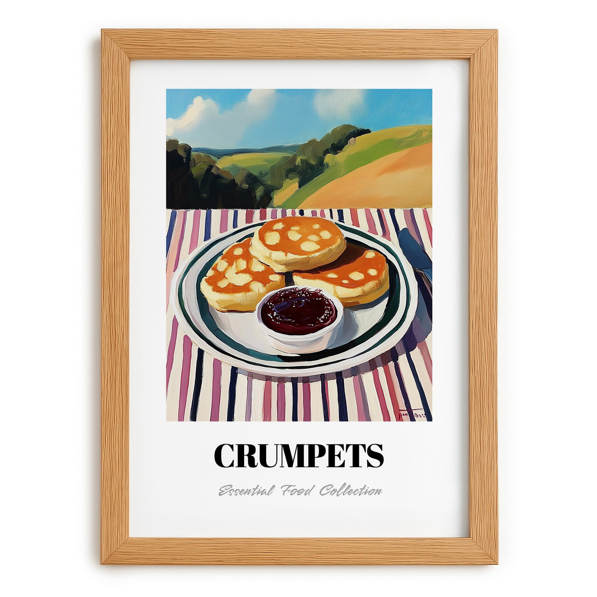 Crumpets – Hilltop Table Scene, British Pastry Still Life, set in oak frame