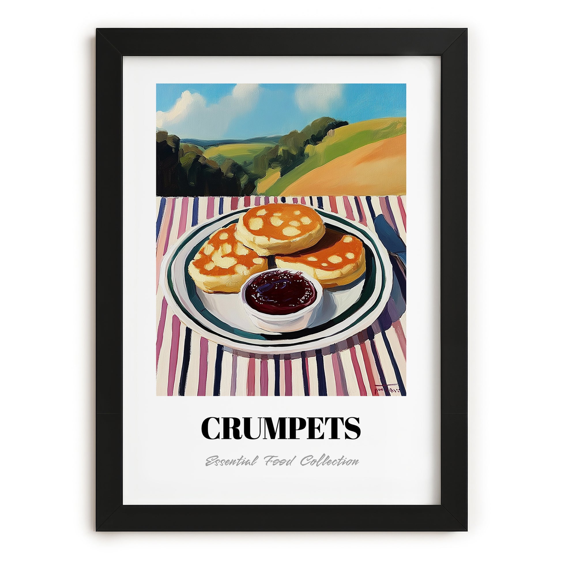 Crumpets – Hilltop Table Scene, British Pastry Still Life, in sleek black frame