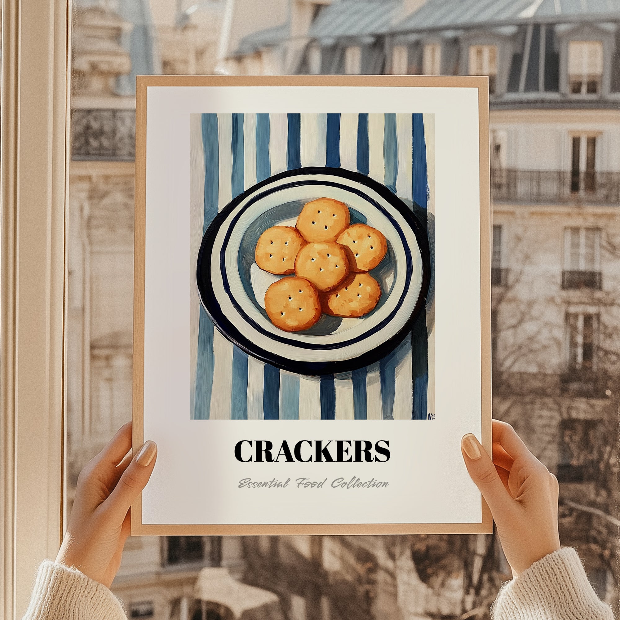 Crackers – on Striped Tablecloth, American Food Painting, styled in a charming Paris street view