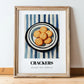 Crackers – on Striped Tablecloth, American Food Painting, in wooden frame leaning on the floor