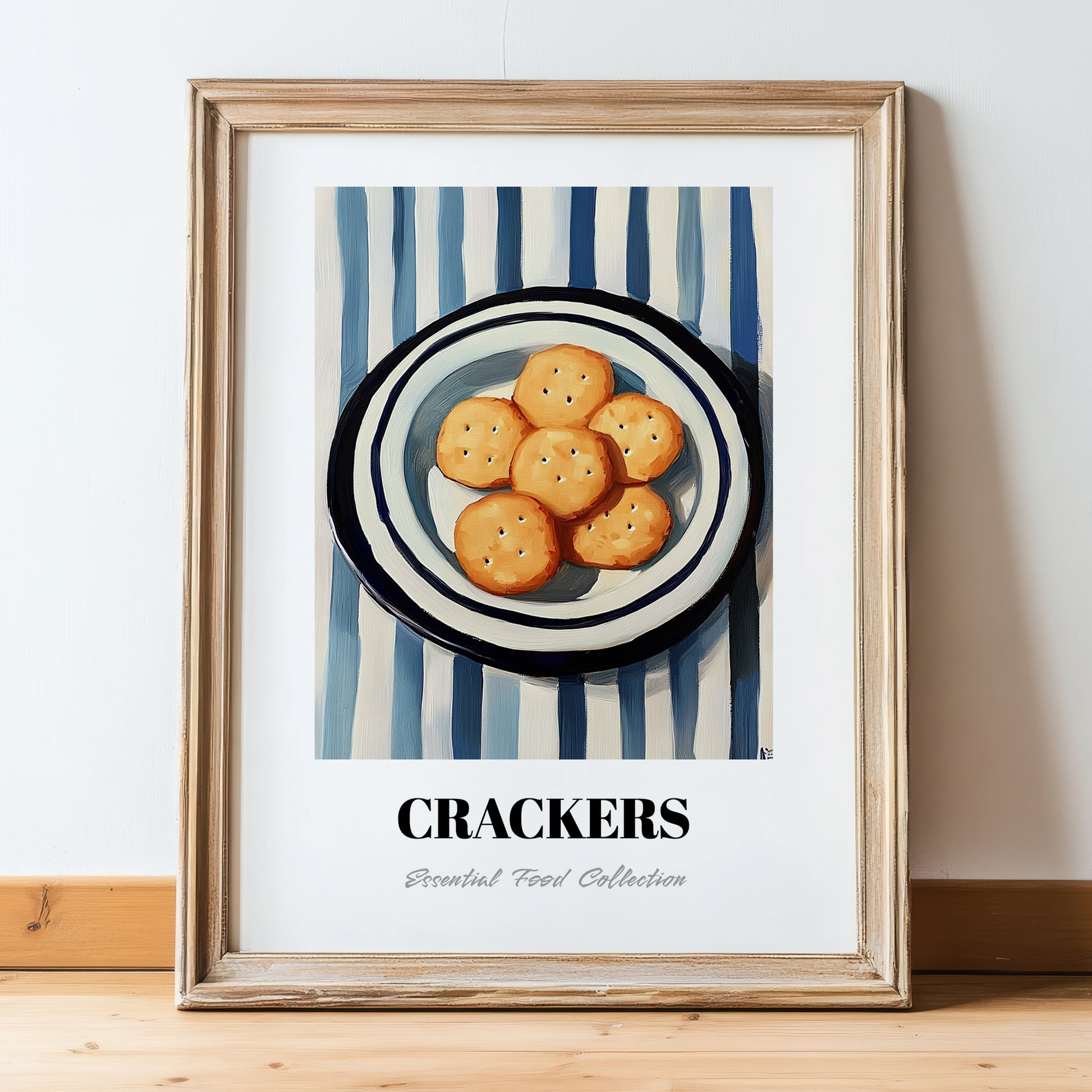 Crackers – on Striped Tablecloth, American Food Painting, in wooden frame leaning on the floor