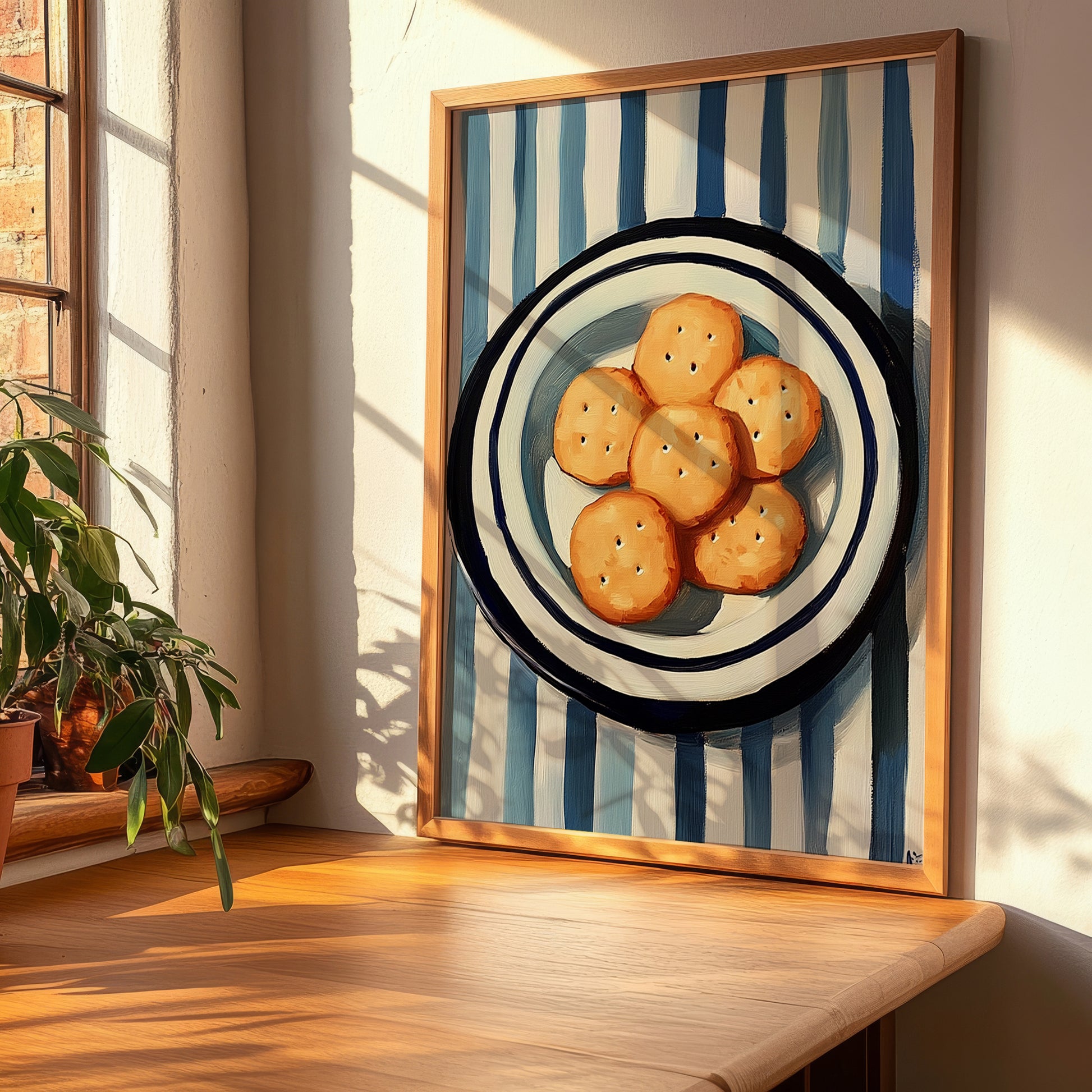 Crackers – on Striped Tablecloth, American Food Painting, clean layout with no caption