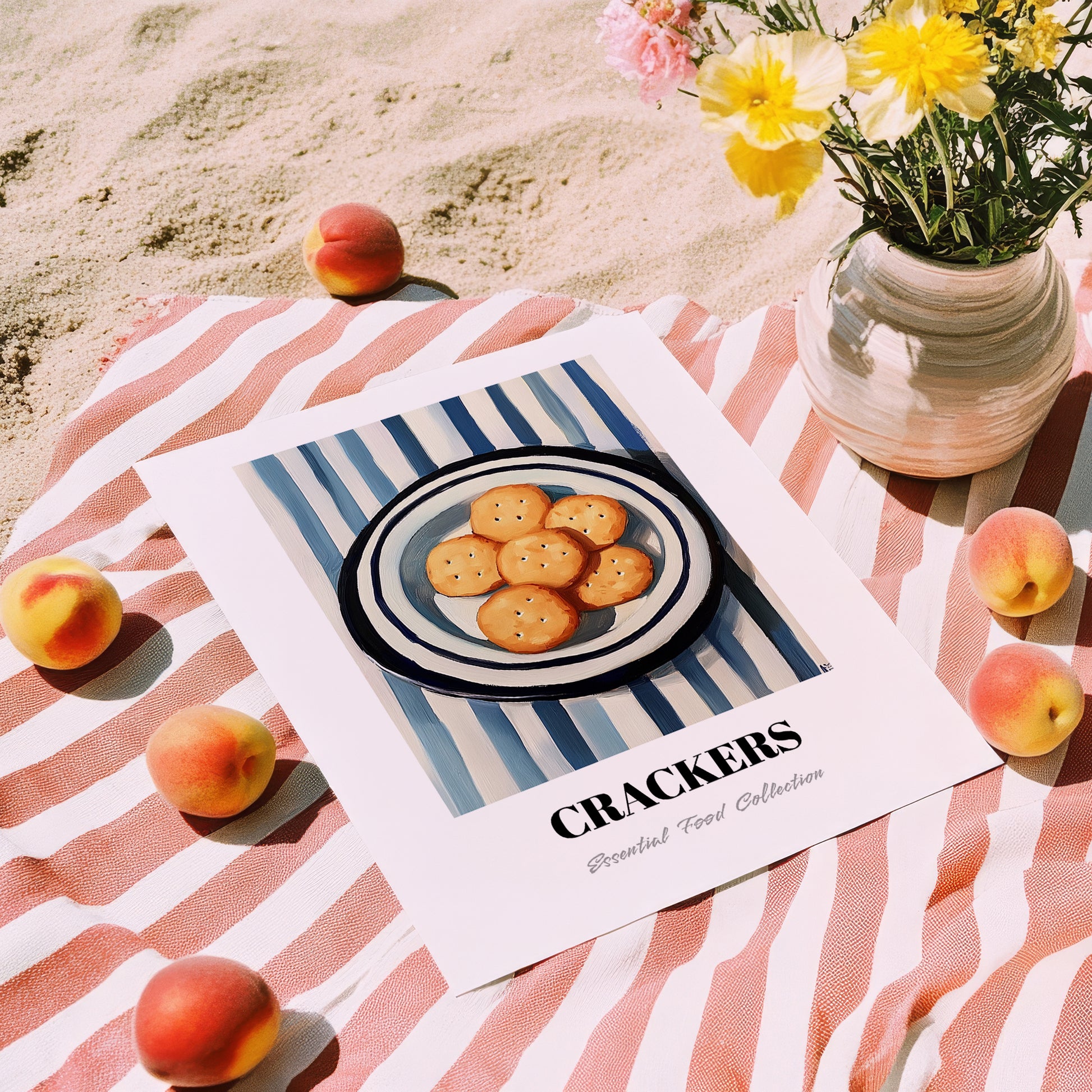 Crackers – on Striped Tablecloth, American Food Painting, unframed on coastal sand