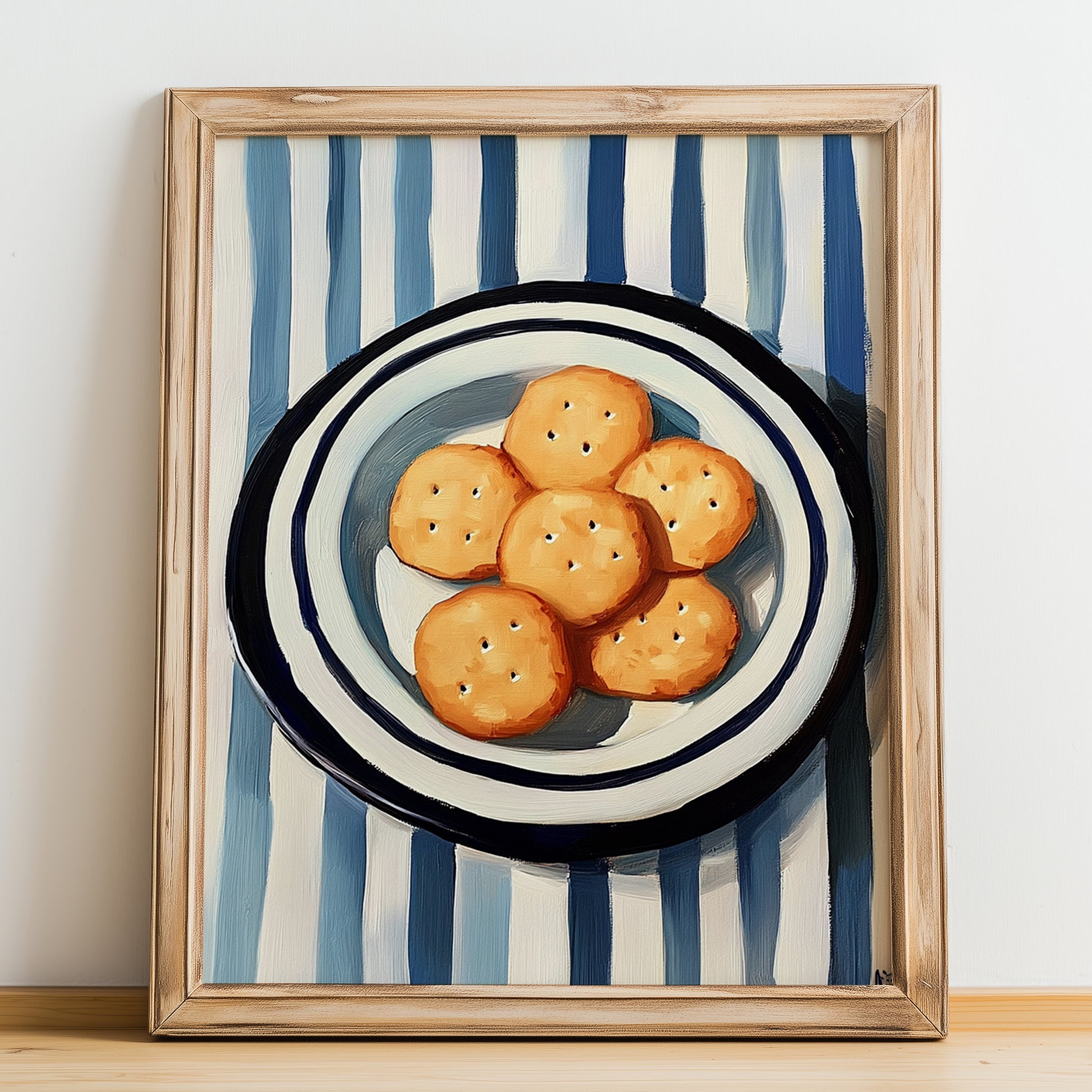 Crackers – on Striped Tablecloth, American Food Painting, no-text version framed in wood