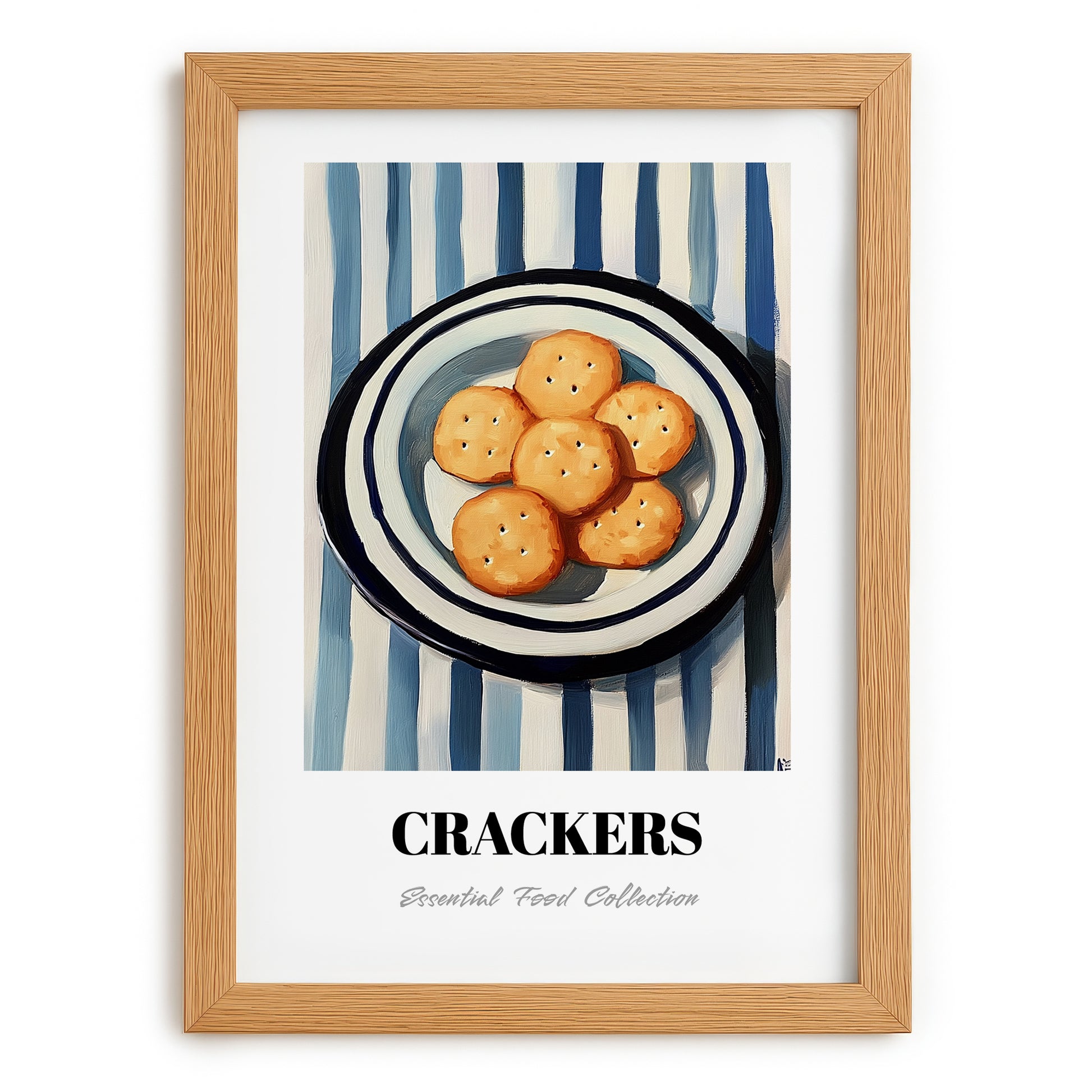 Crackers – on Striped Tablecloth, American Food Painting, set in oak frame