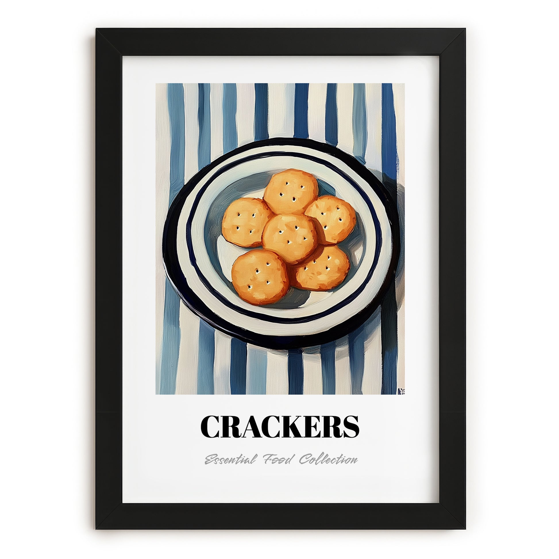 Crackers – on Striped Tablecloth, American Food Painting, in sleek black frame