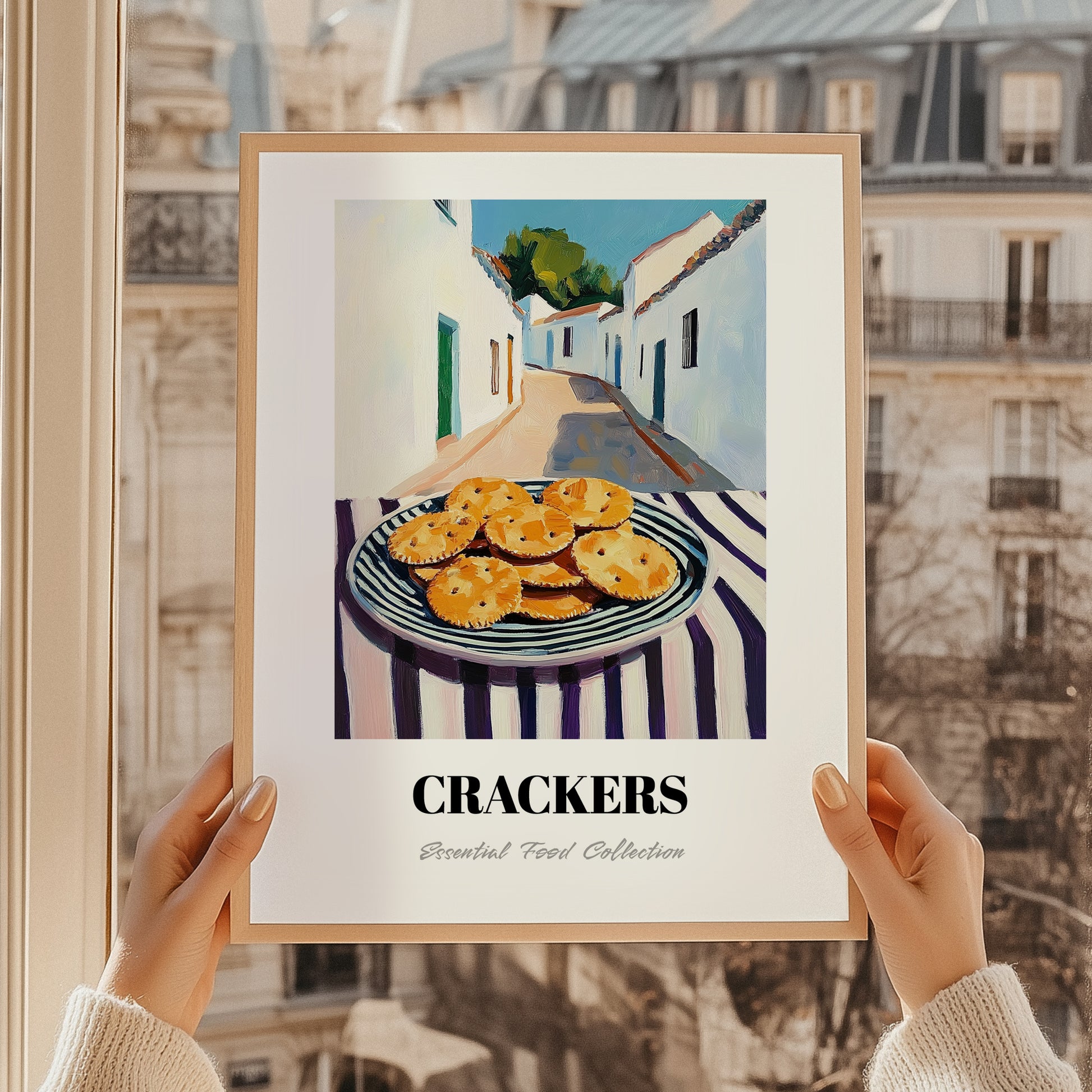 Crackers – White village Urban Café Scene, American Food Wall Print, styled in a charming Paris street view