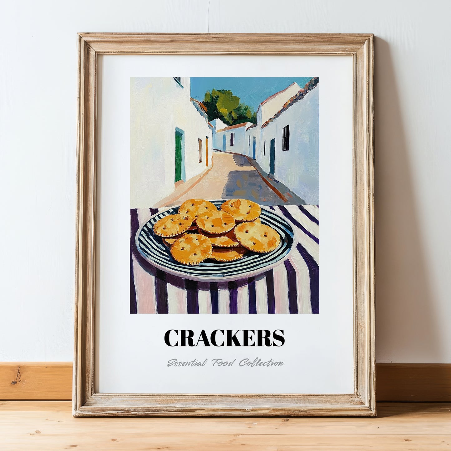 Crackers – White village Urban Café Scene, American Food Wall Print, in wooden frame leaning on the floor