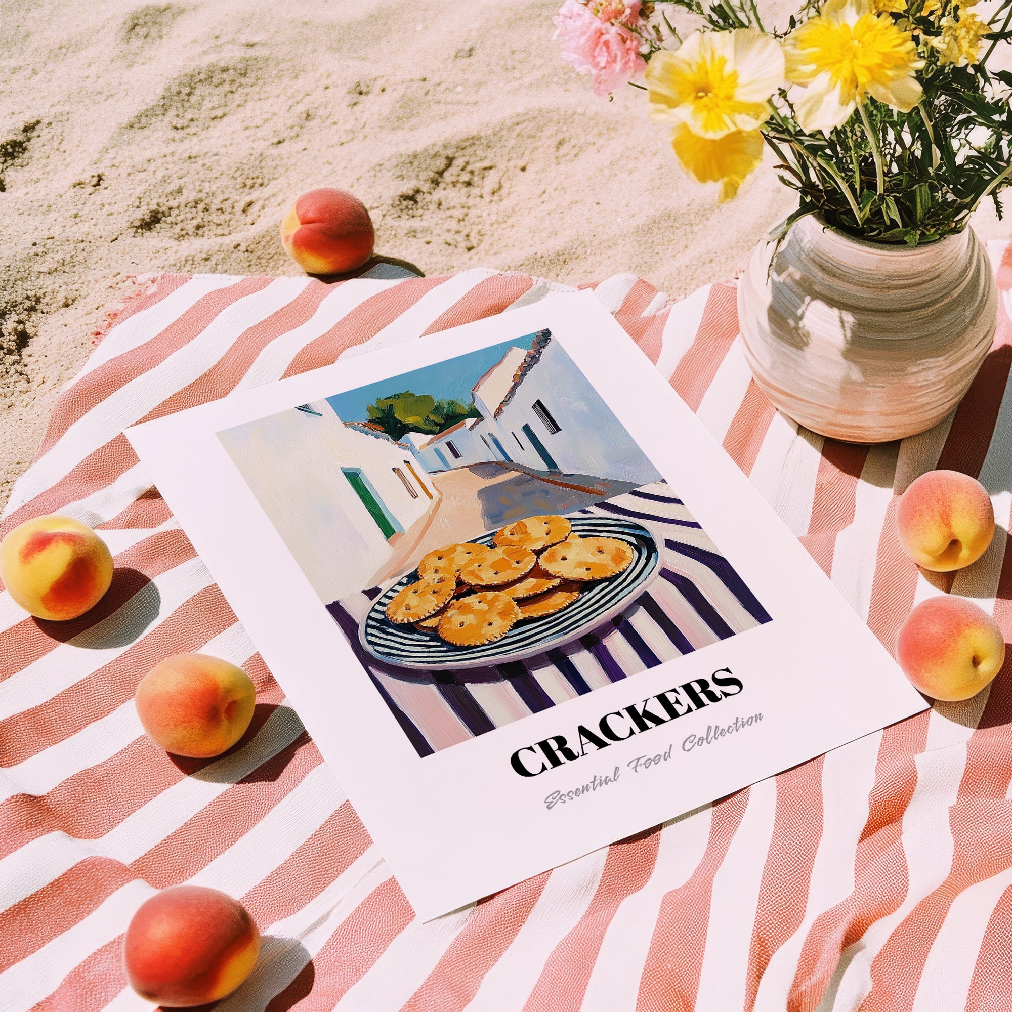 Crackers – White village Urban Café Scene, American Food Wall Print, unframed on coastal sand