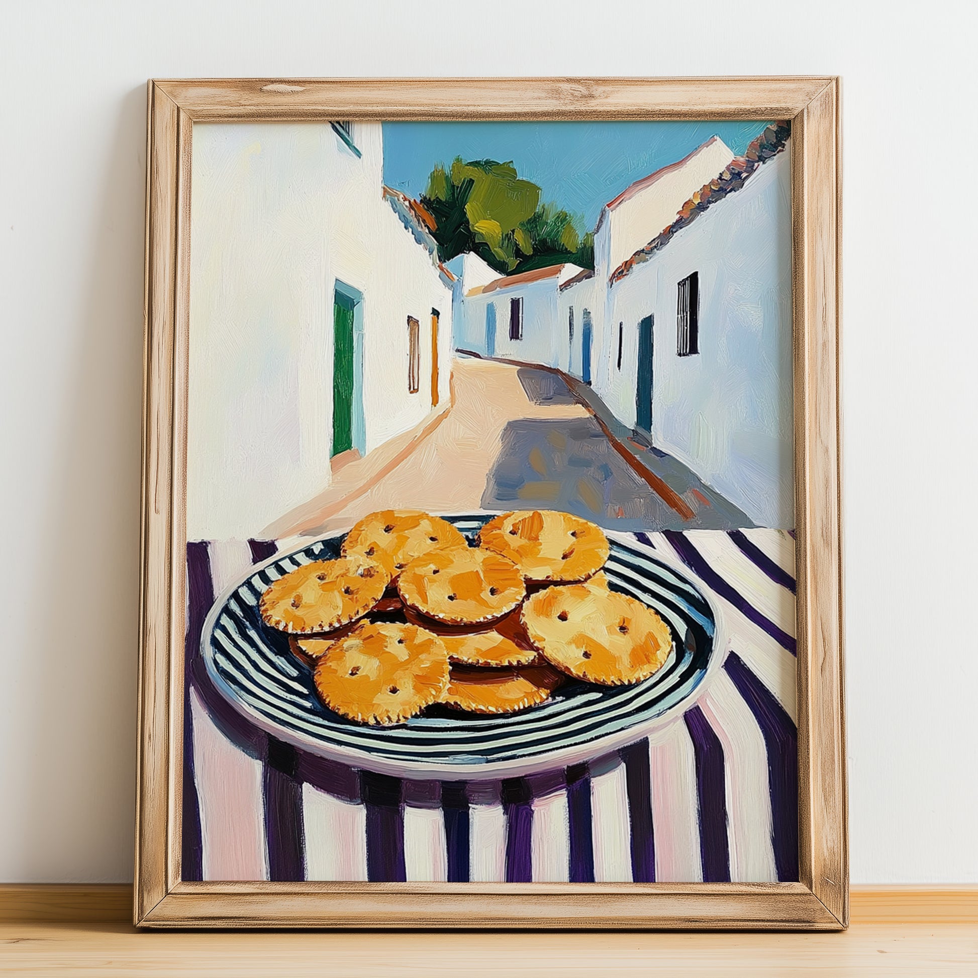 Crackers – White village Urban Café Scene, American Food Wall Print, no-text version framed in wood
